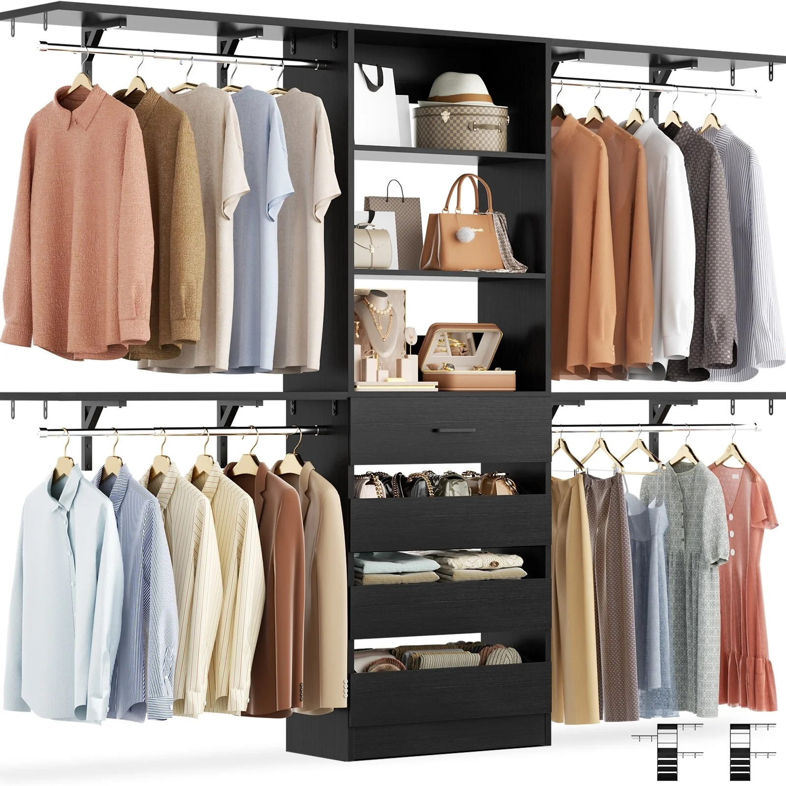 Rackcog 96'' Closet System with 4 Drawers and 4 Hanging Rods, 8FT Wood Closet Organizer for Walk-in Closet