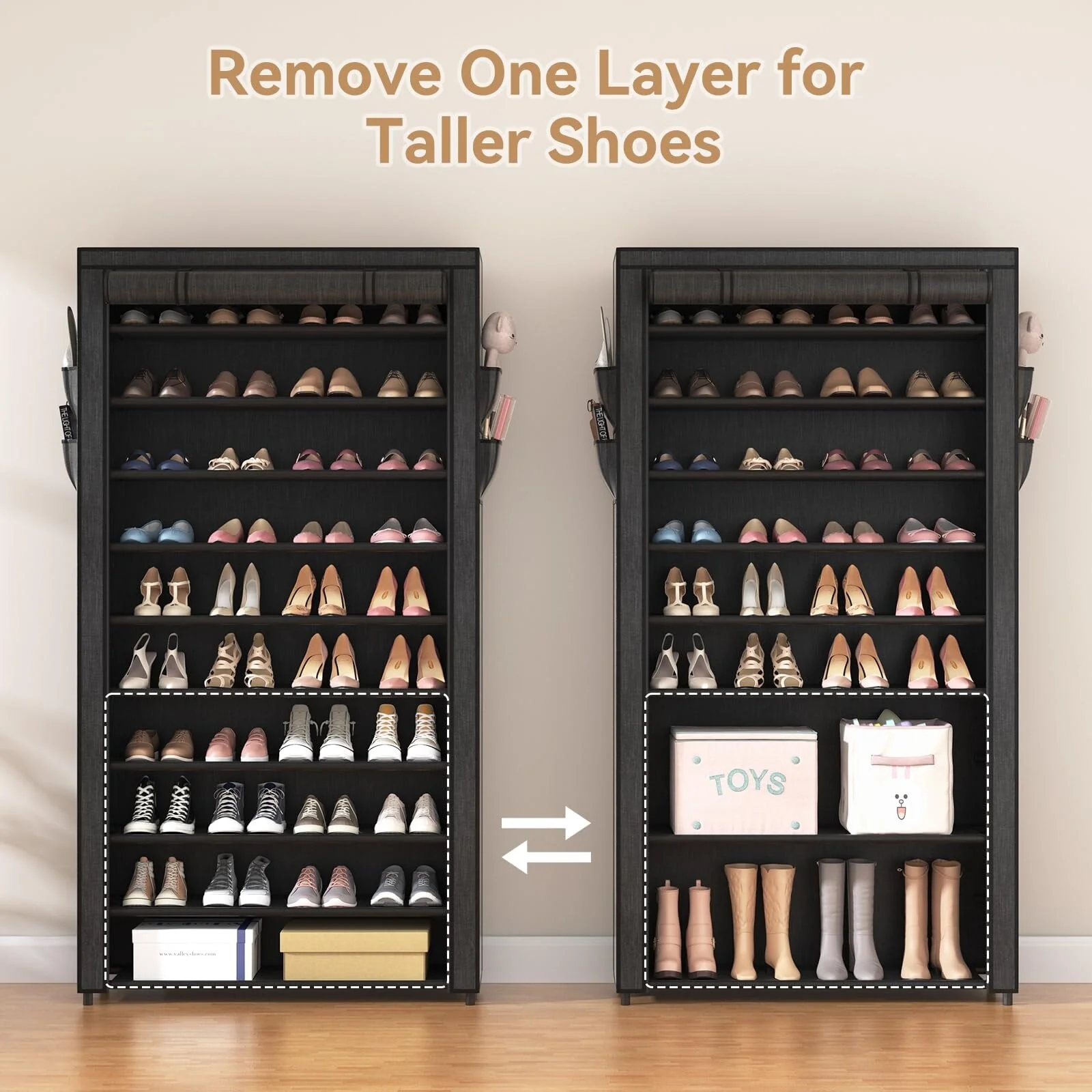 10 Tier Shoe Rack with Covers,Large Capacity Stackable Tall Shoe Shelf Storage to 50-55 Pairs Shoes & Boots Sturdy Metal