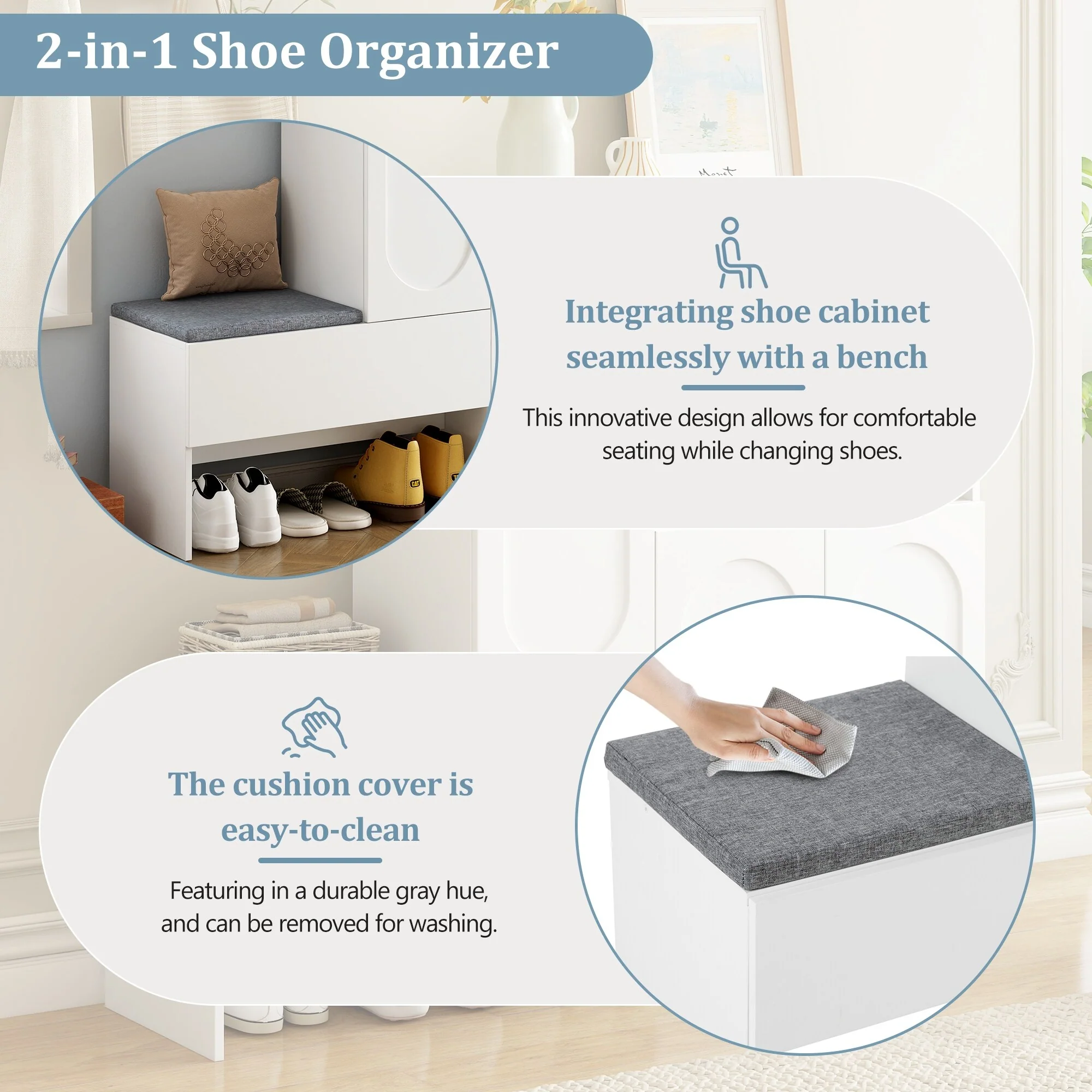 2-in-1 Shoe Cabinet with Bench, Entryway Storage Cabinet, Space-Saving Shoe Rack Organizer with Adjustable Shelves