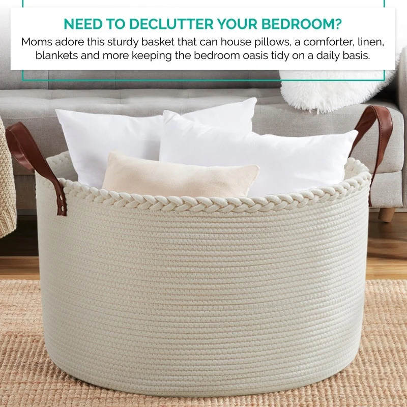 Large Round Cotton Rope Storage Basket Laundry Hamper with Leather Handles, 21 x 21 x 14 - 21