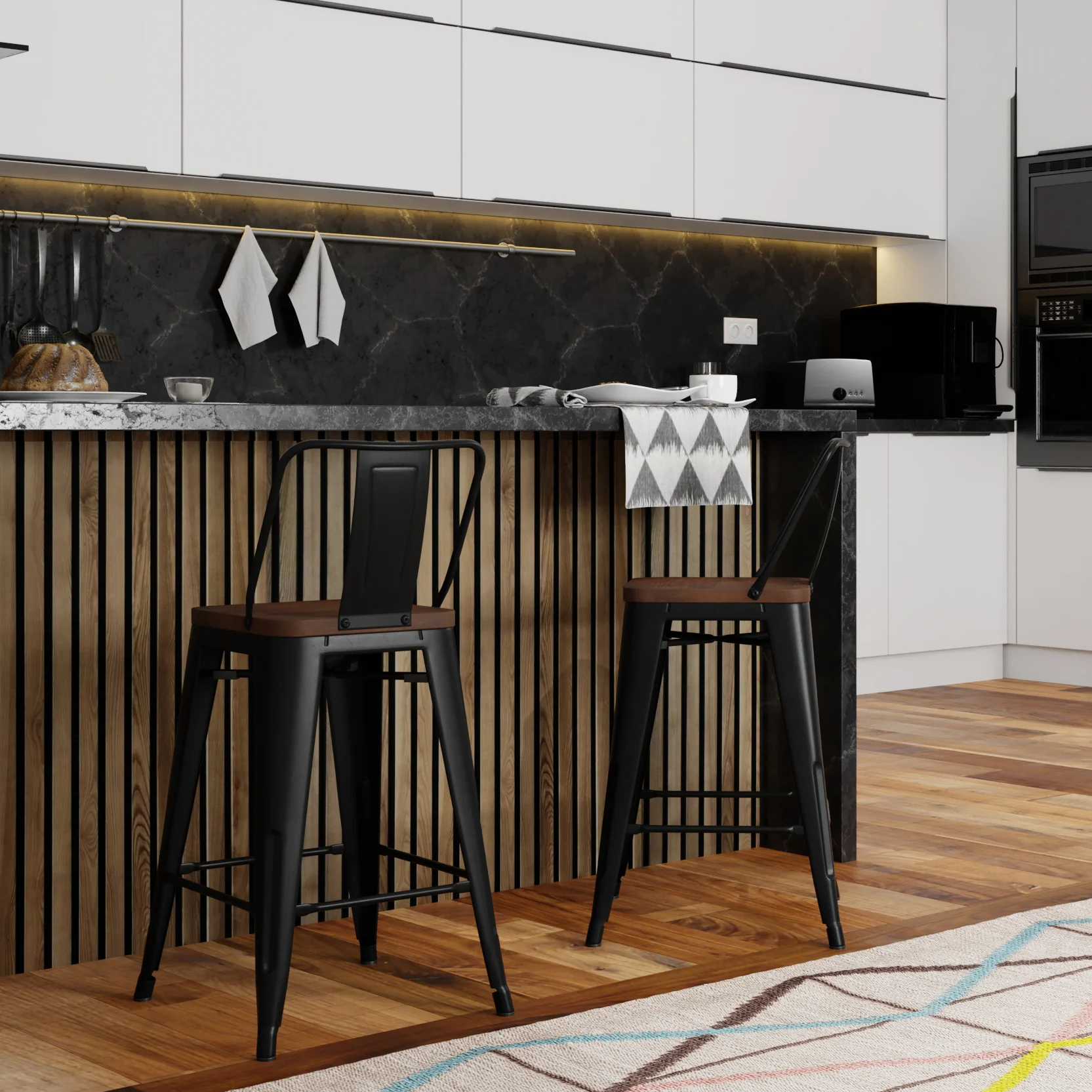 Boundless Metal/Wood Counter Stool with Curved Back, Cross Brace and Footrest, Set of 2