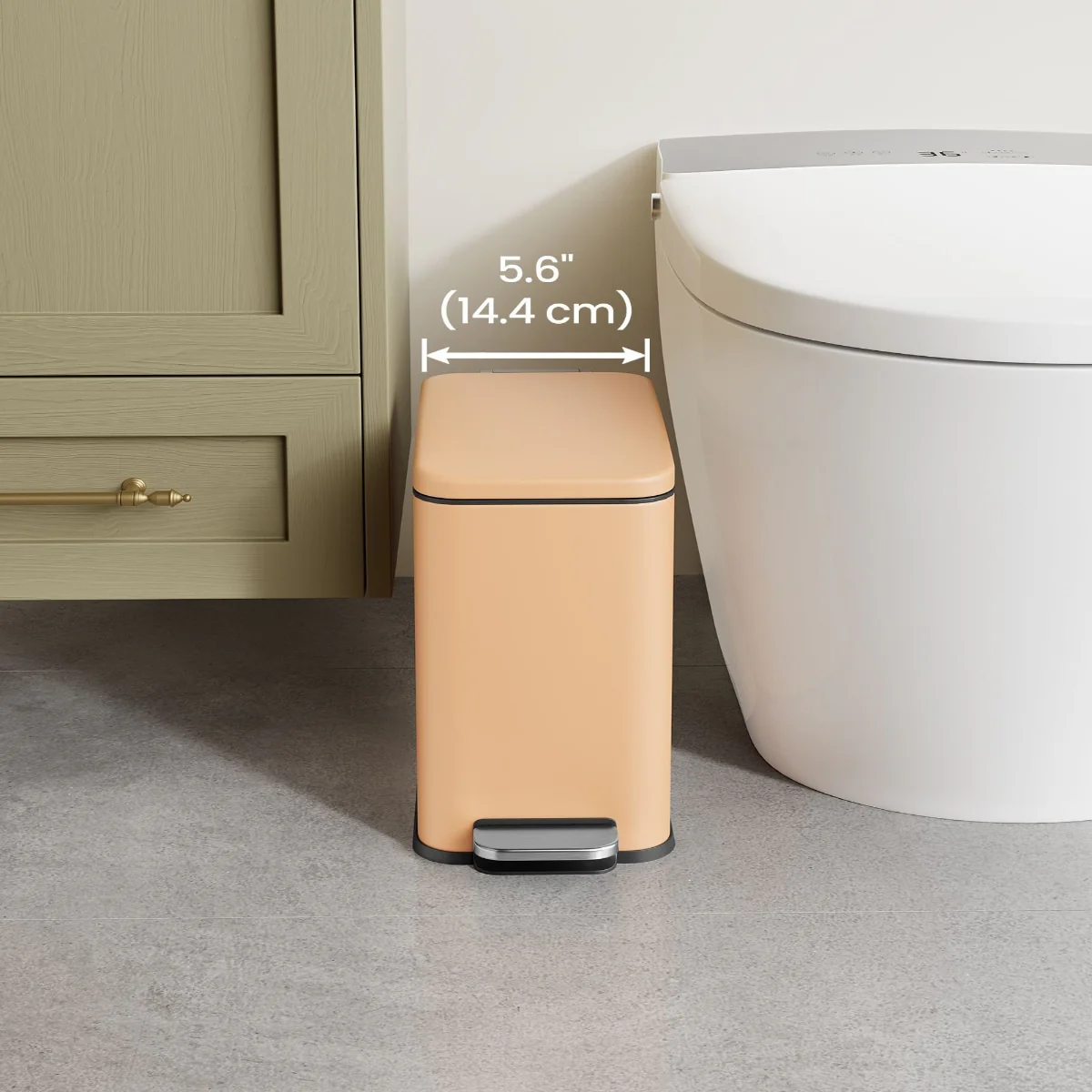 Stainless Steel Slim Bathroom Trash Can with Soft-Close Lid and Plastic Removable Inner Bucket
