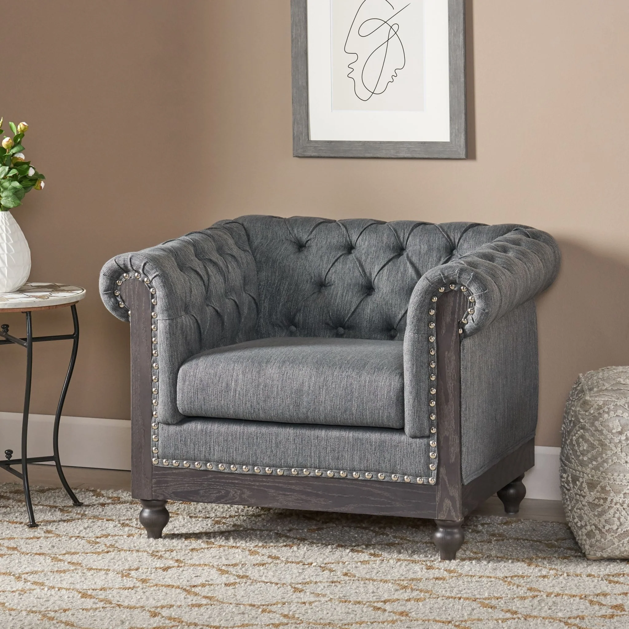 Luminex Tufted Upholstered Club Chair with Nailhead Accents and Scrolled Tuxedo Arms