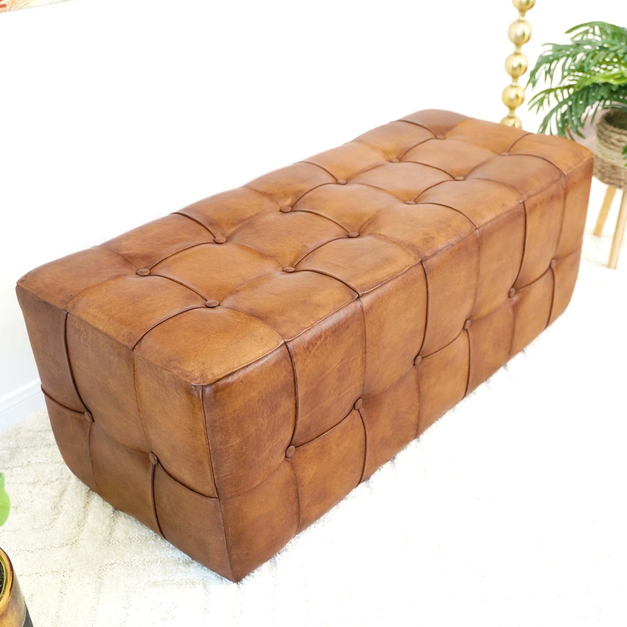 Benjiro Mid-Century Modern Tan Leather Tufted Ottoman