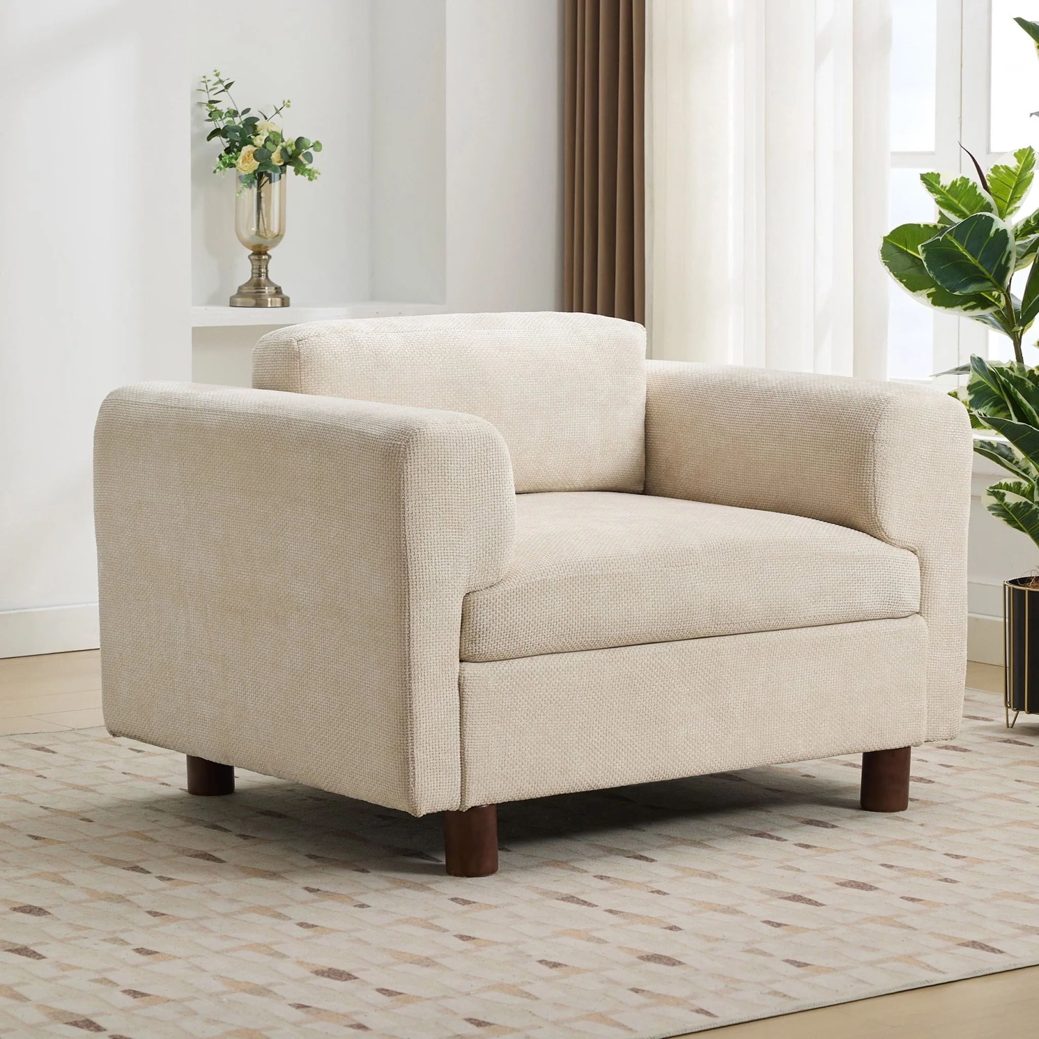 Elixired Upholstered Arm Chair with Tucked Armrests and Round Rubberwood Legs