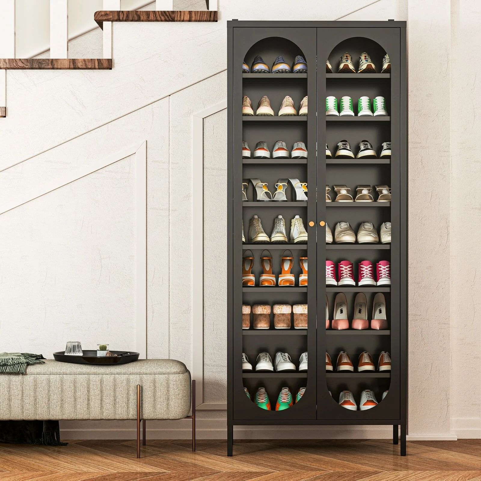 9-Tier Shoe Storage Cabinet with Glass Doors & Adjustable Shelves - 67