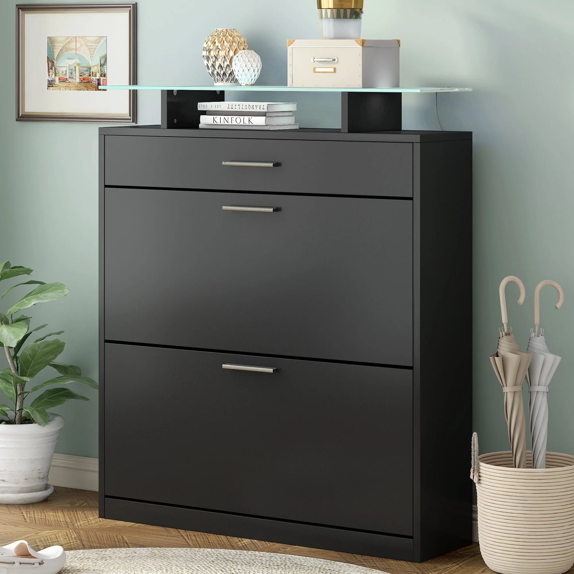 ON-TREND Slim Entryway Organizer with LED Light, two Flip Drawers, and Tempered Glass Top
