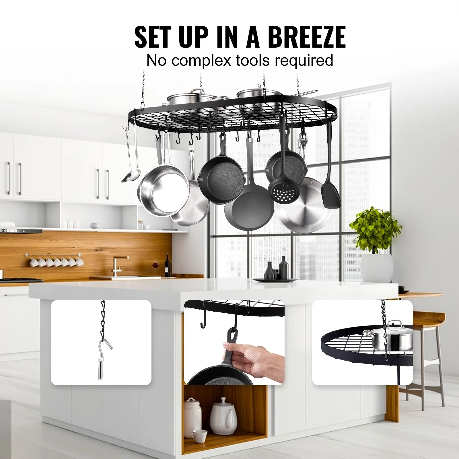 Black Carbon Steel Ceiling Mounted Hanging Pot Rack with S Shaped Hooks Ideal for Home or Restaurant