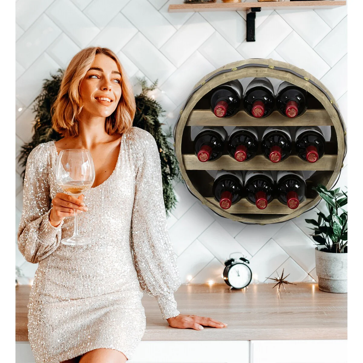 CoTa Global Barrell Wine Rack - Natural Wood Industrial Wall Mounted - 16″Lx16″Wx8″H