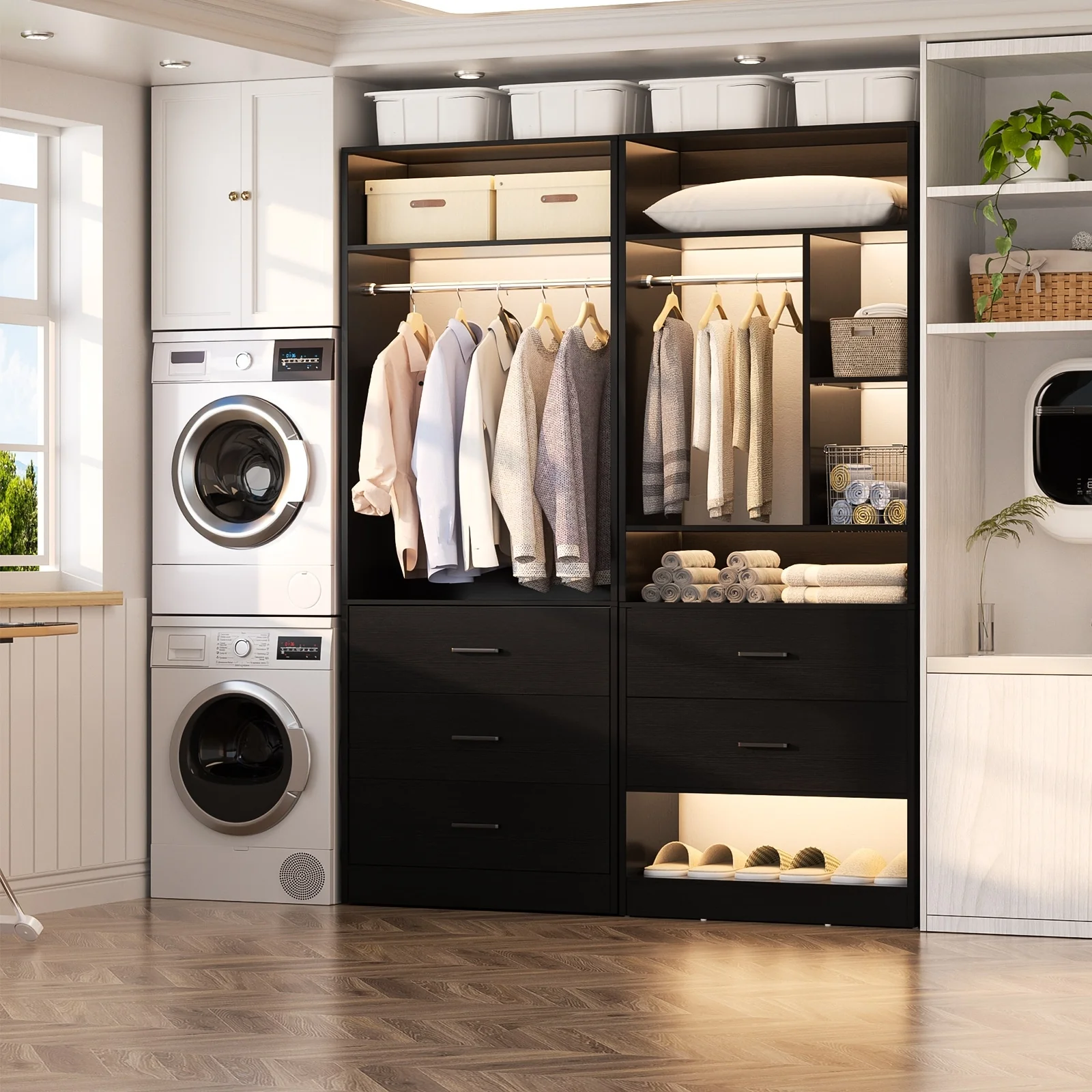 Kyrvo 48''W Set of 2 Freestanding Closet System with 5 Drawers ＆ 2 Hanging Rods,Reversible Wardrobe for Walk-in/Reach-in Closet