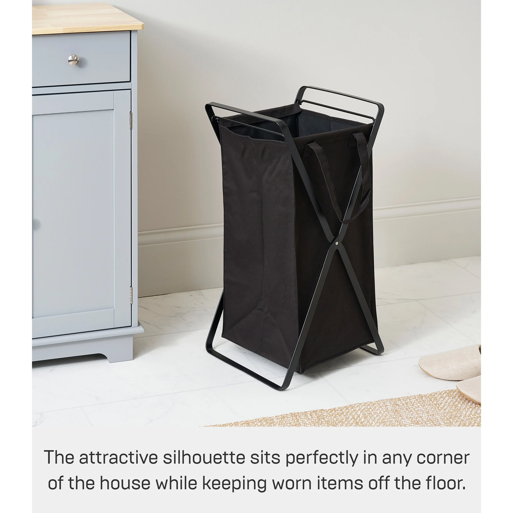 Yamazaki Home Laundry Hamper with Cotton Liner - Two Sizes, Steel and Cotton, Small, 12 gallons, 45 liters, Collapsible