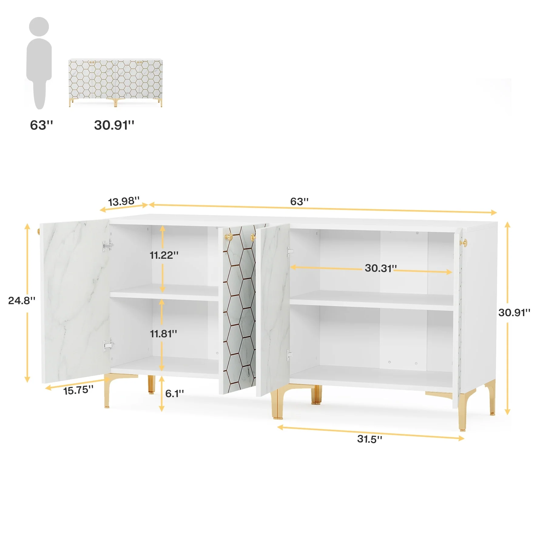 63'' Modern Accent Storage Cabinet with Metal Legs for Living Room Bedroom Kitchen Dining Room