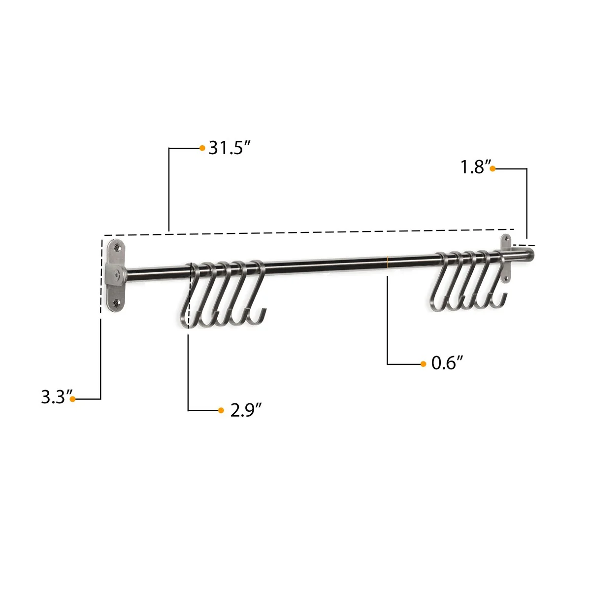 Wallniture Lyon Steel 31.5'' Pot Rack with 10 Hooks, Utensil Holder, Silver