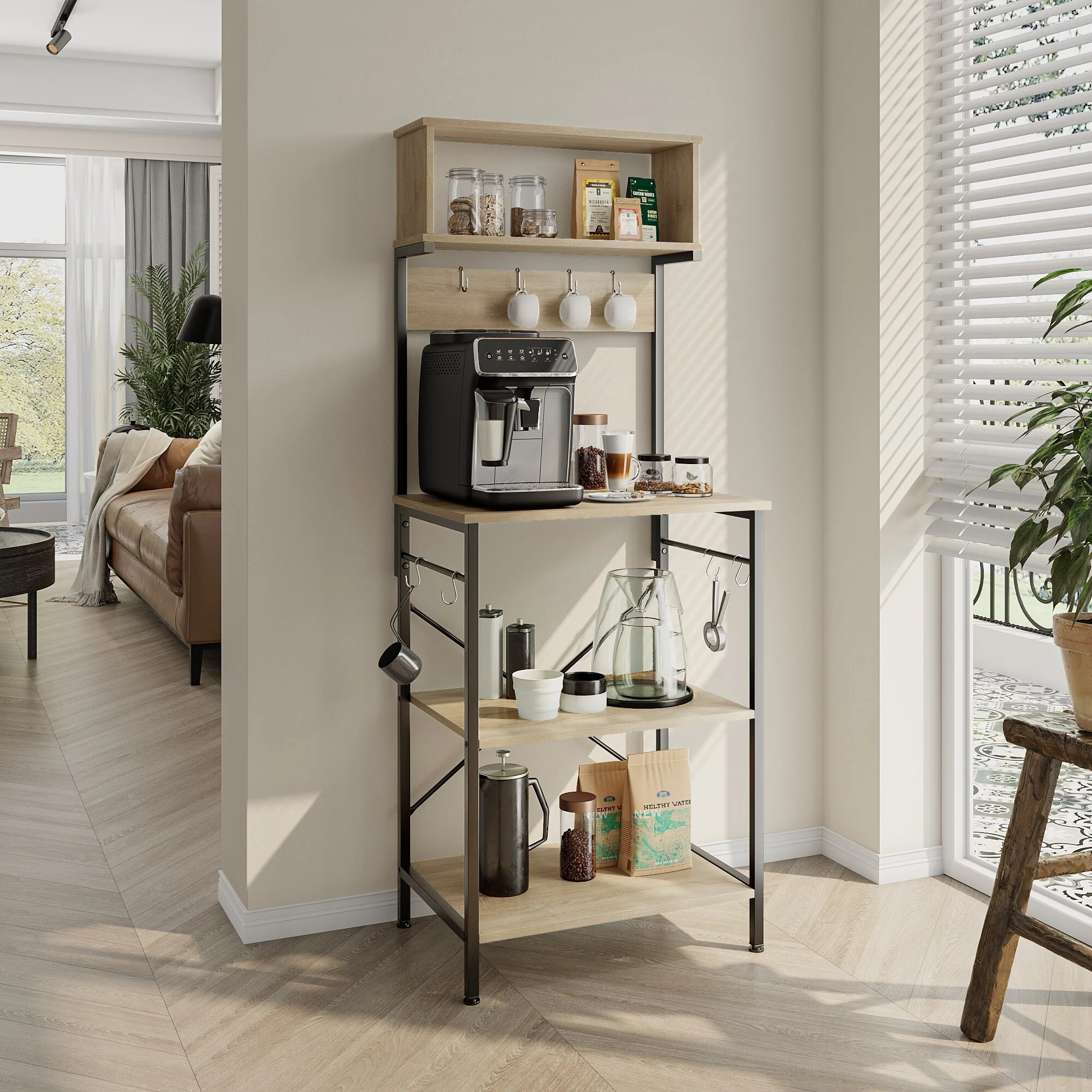 60 Inch Kitchen Baker's Rack with Hutch 8 Side Hooks