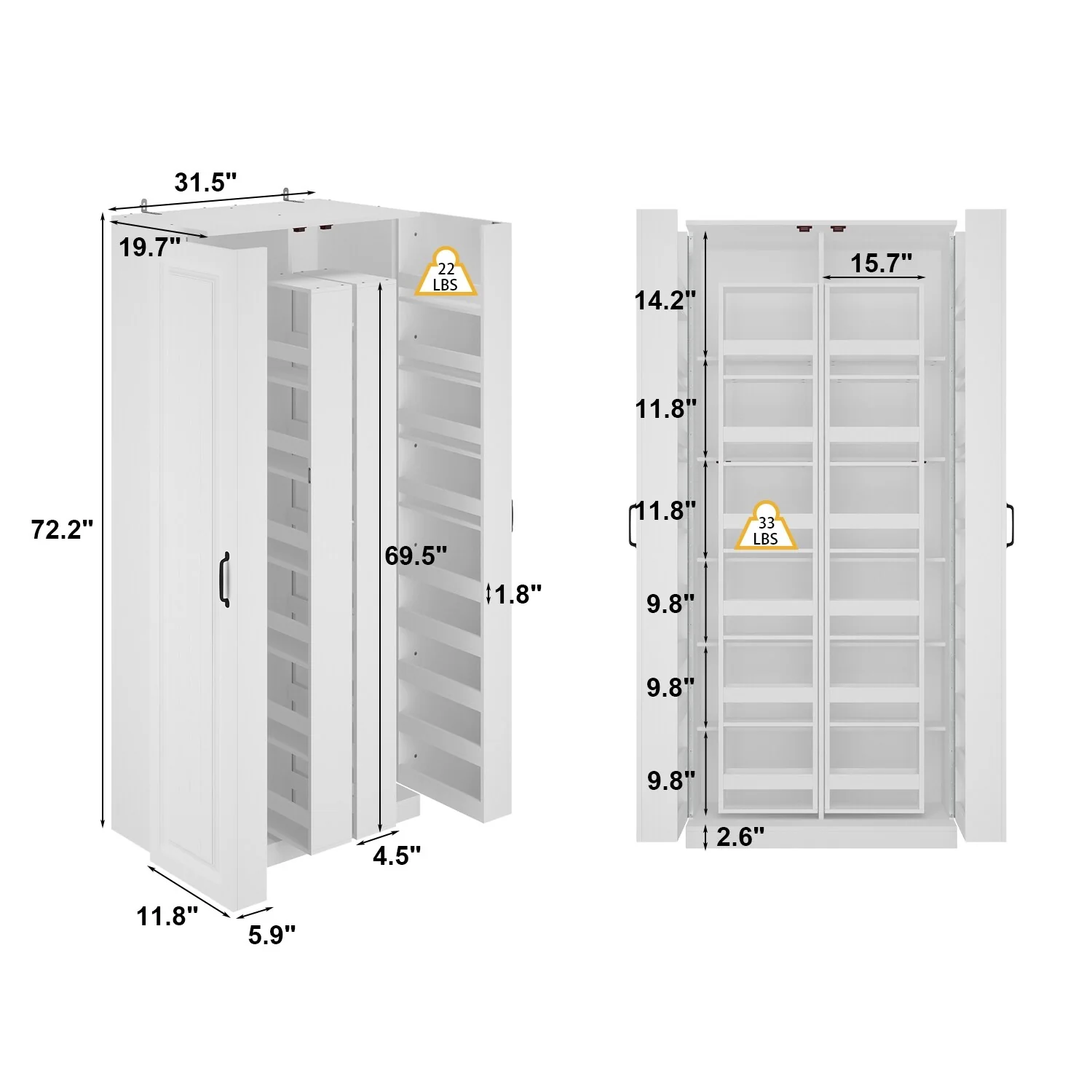 White Storage Cabinet: Kitchen Pantry, Buffet, Large 72.2