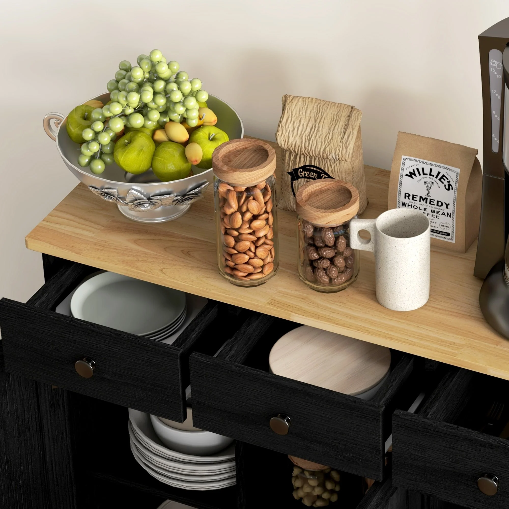 HOMCOM Sideboard with Solid Wood Countertop, Modern Kitchen Storage Cabinet, Coffee Bar Cabinet with 3 Drawers