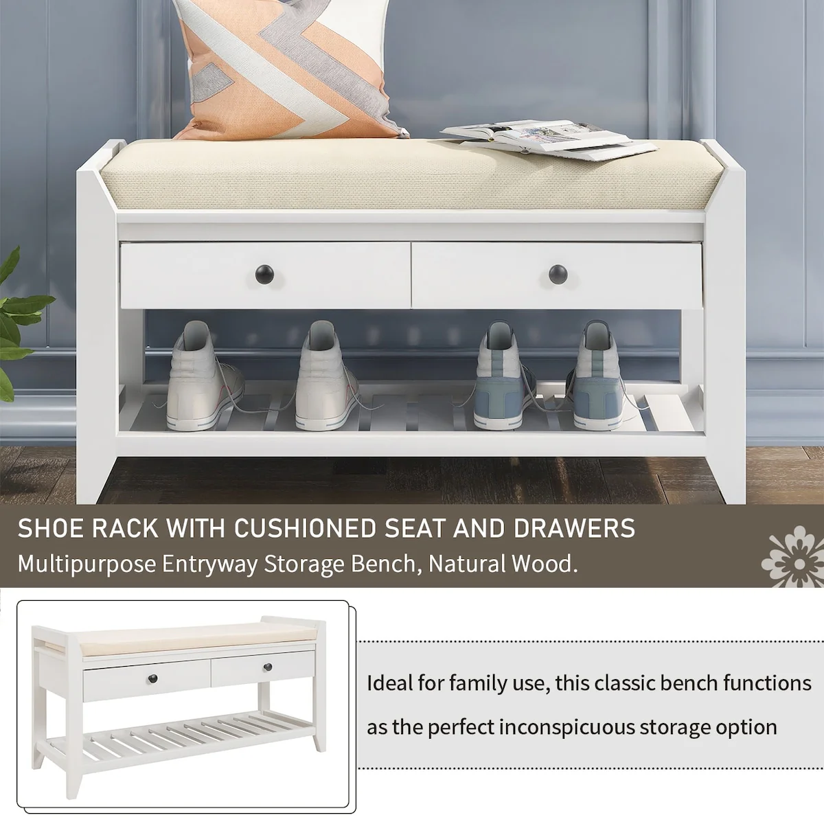 Modern Multipurpose Entryway Storage Bench With Upholstered Seat and Drawers