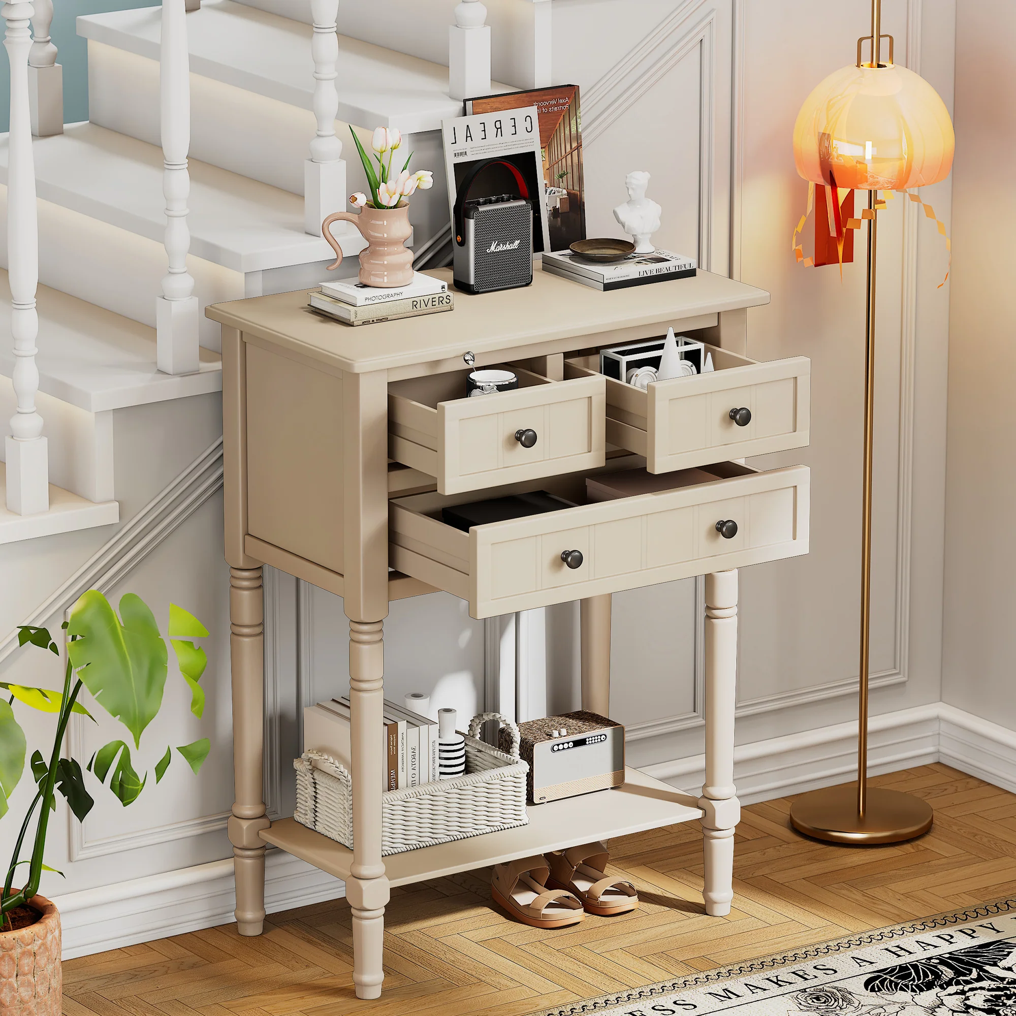 Conquest Narrow Console Table with 3 Drawers and Bottom Shelf