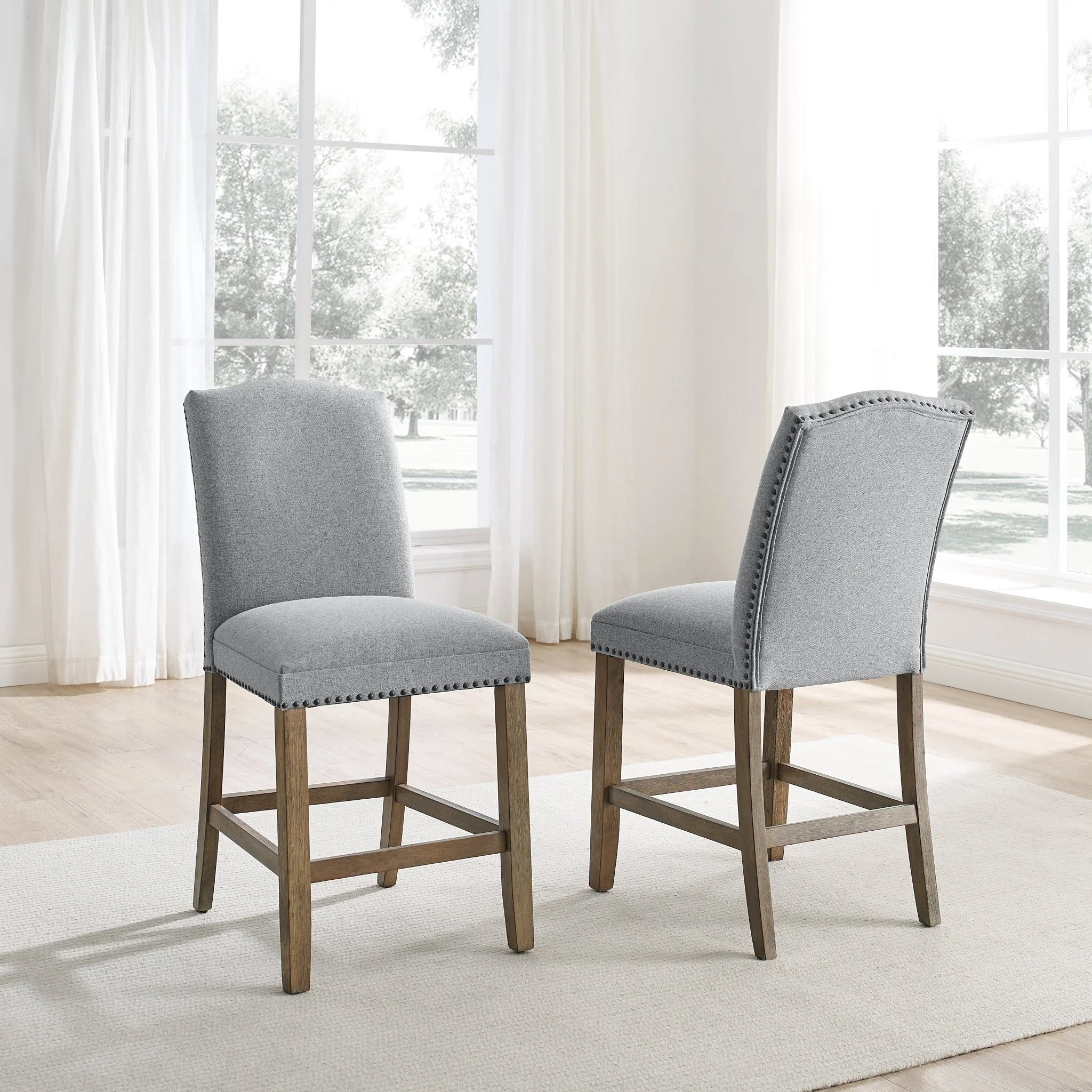 Upholstered Counter Chair with Nailhead Trim and Footrest, Set of 2
