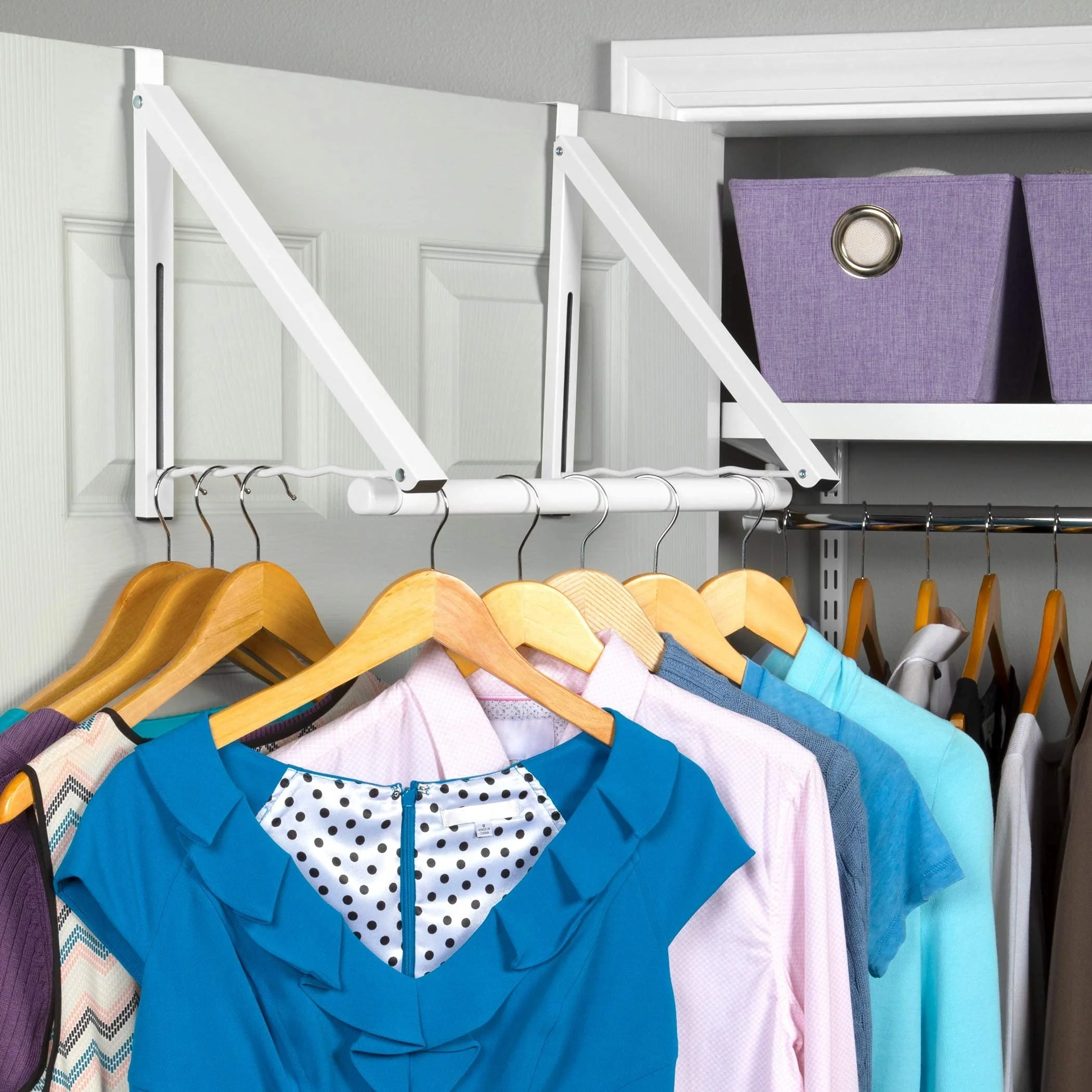 Over The Door Closet Valet -Expandable and Collapsible Hanging Rack Organizer Bracket, White