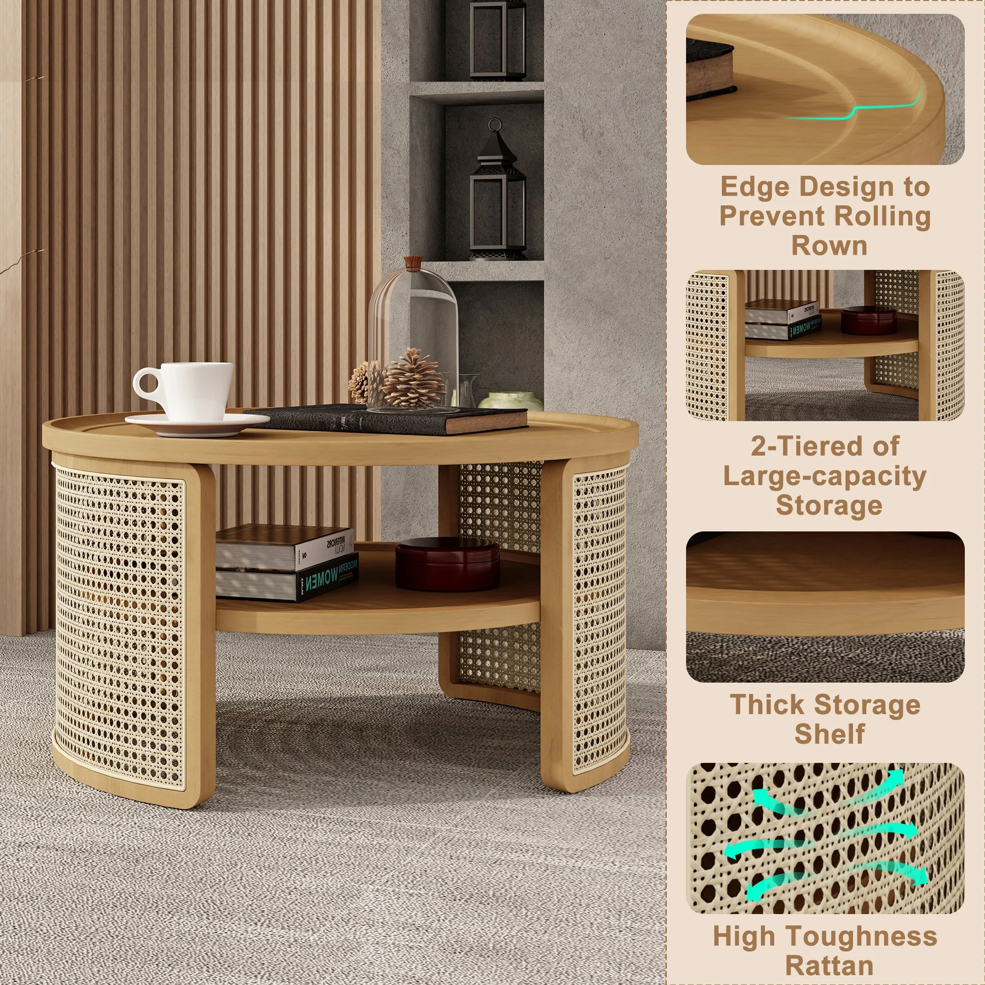 Wintered 2-Tiered Coffee Table with Rattan Base and Curved Edge Design