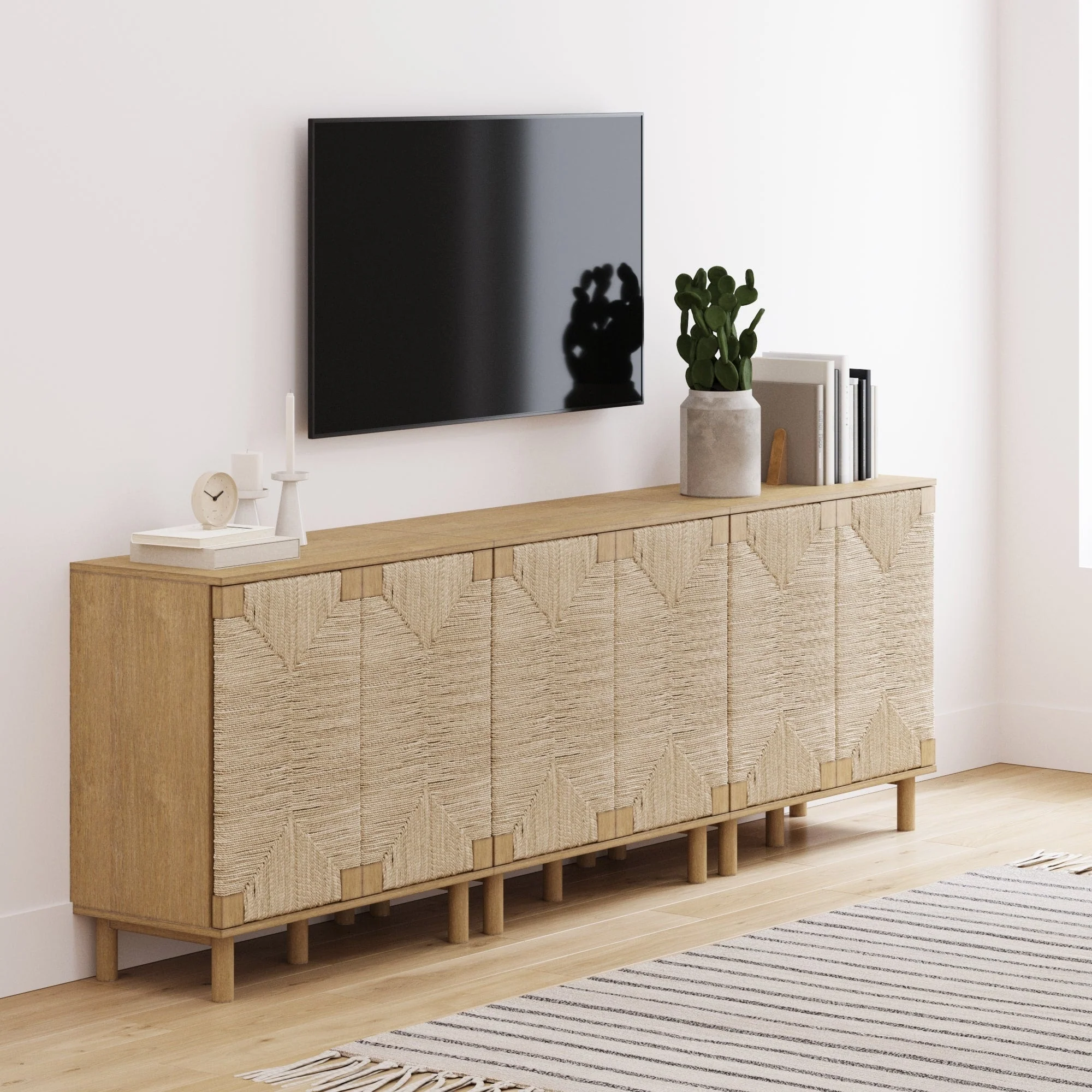 Nathan James Beacon Wood Accent Cabinet with Seagrass Doors and Adjustable Shelf