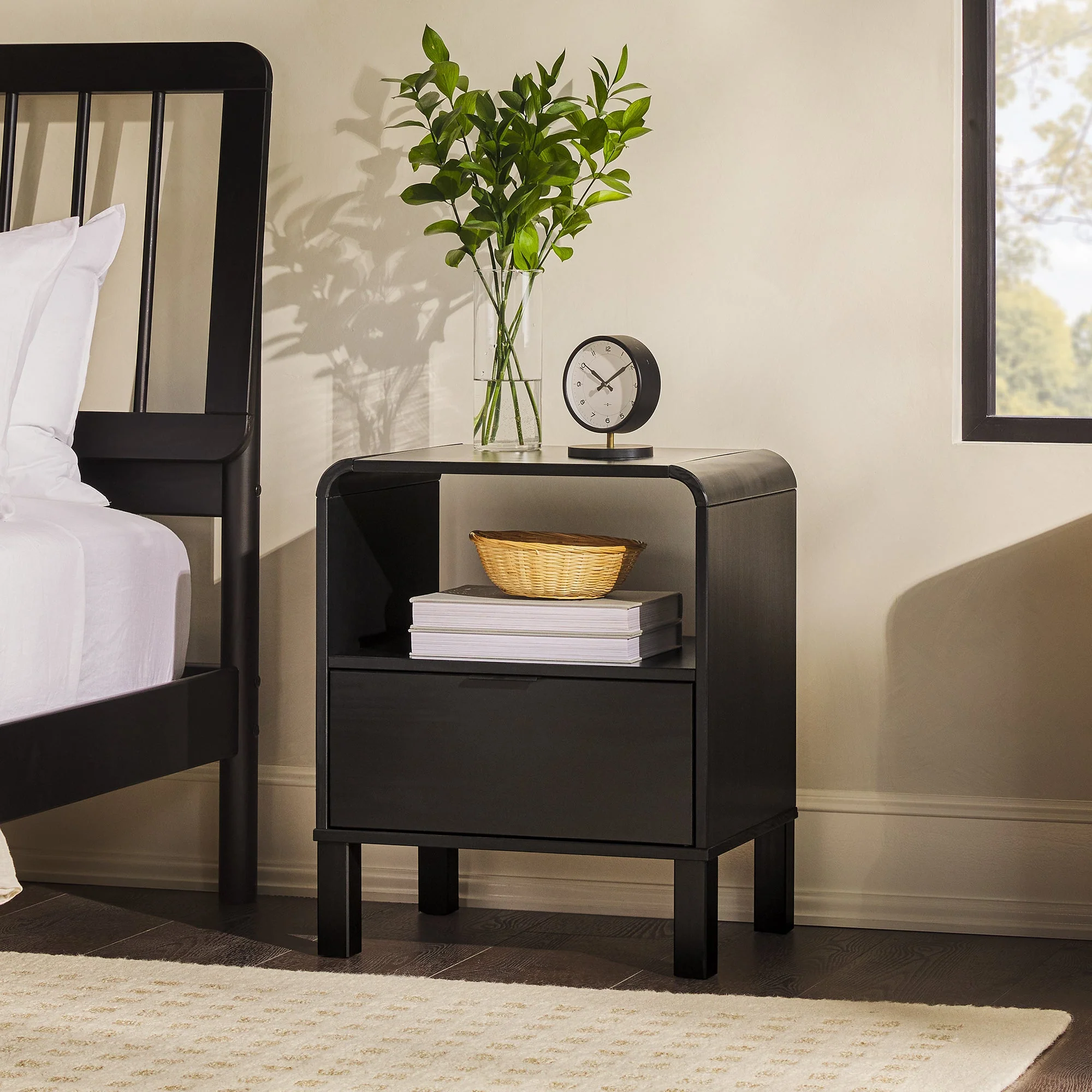 Curved-Top Solid Wood Nightstand with Drawer