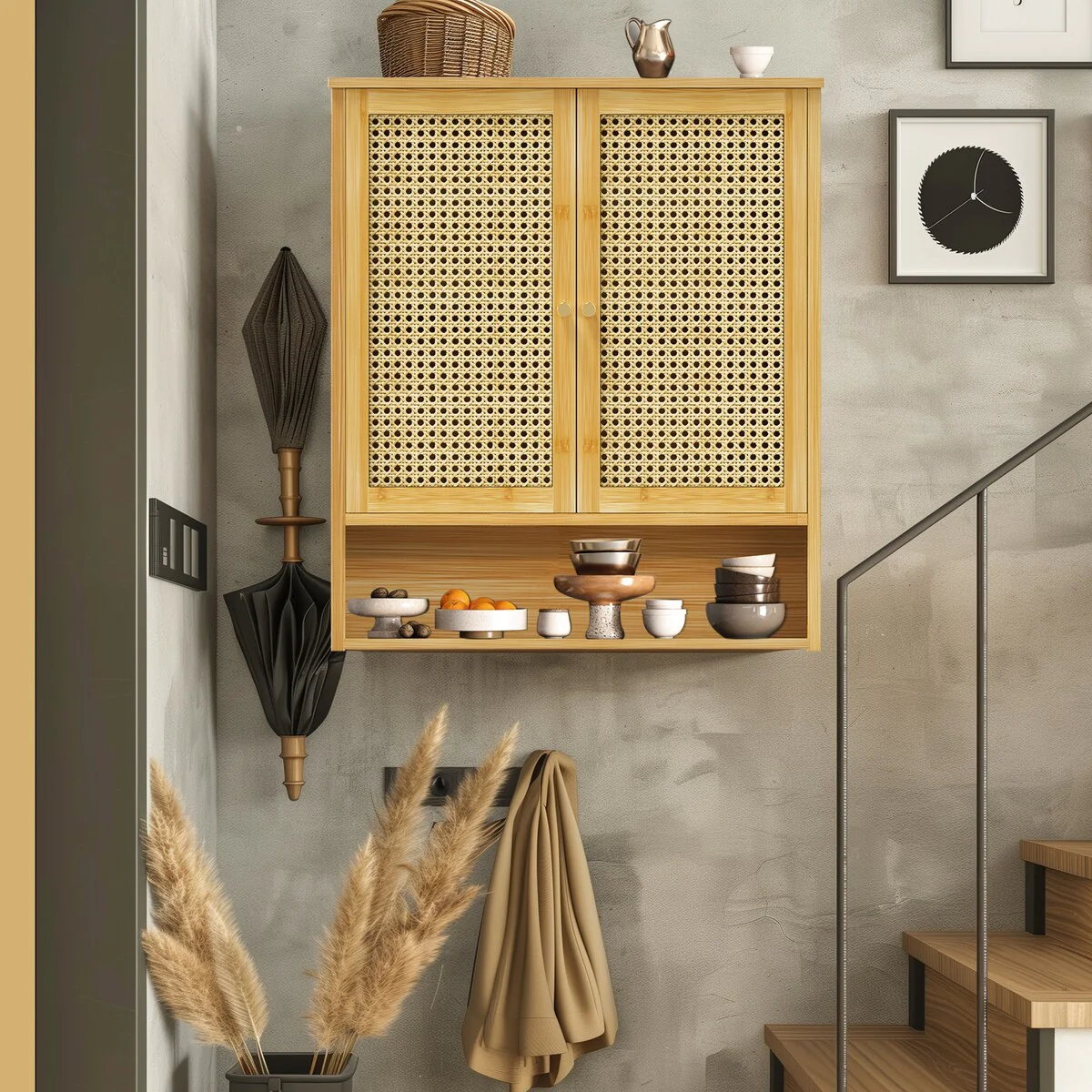Bamboo Wall Mounted Cabinet Hanging Storage Cabinet with 3 Shelves