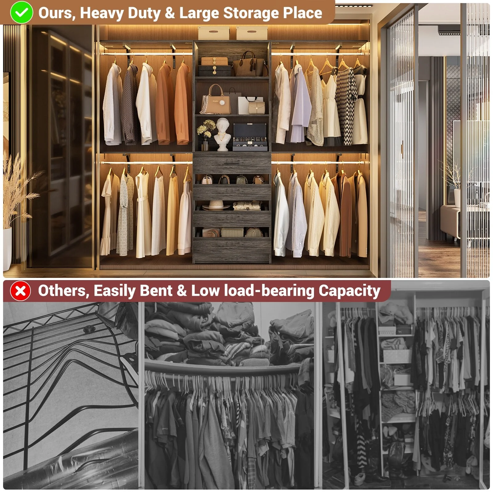 Rackcog 96'' Closet System with 4 Drawers and 4 Hanging Rods, 8FT Wood Closet Organizer for Walk-in Closet