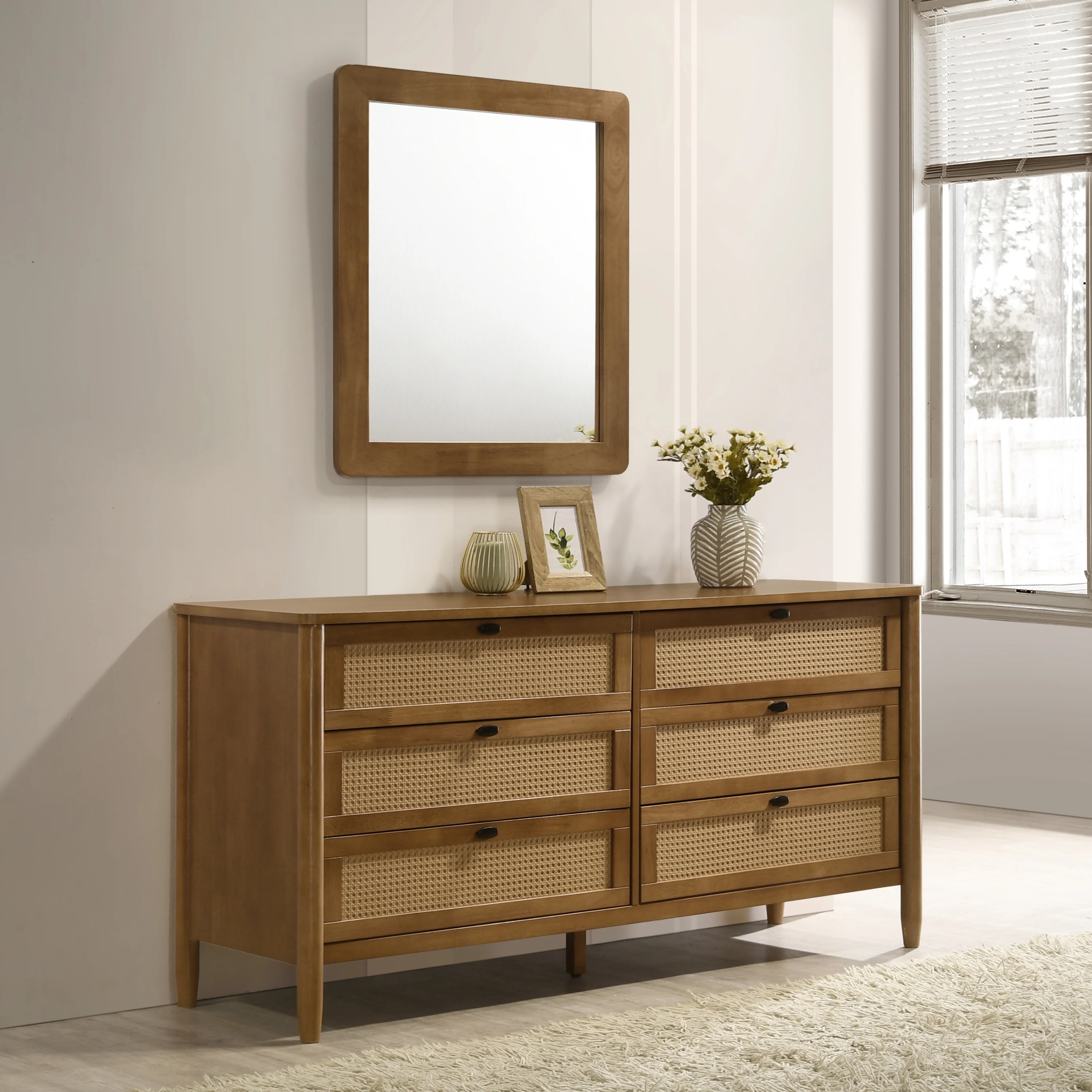 Vichy Wood and Rattan 6-Drawer Dresser with Mirror