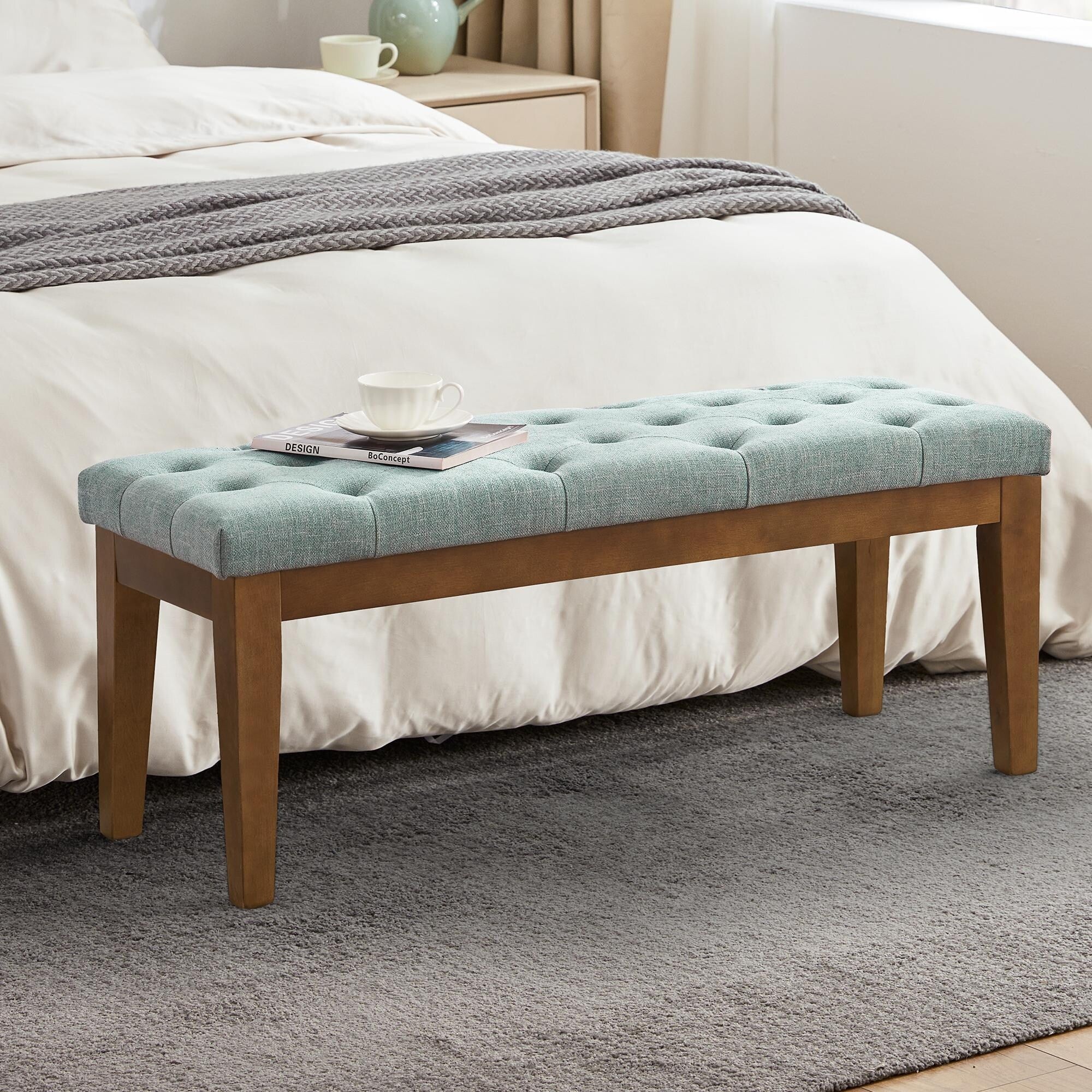 Button-Tufted Bench for End of Bed, Entryway Bench Beige/ Black/ Brown Solid Wood, Leather, Fabric 44-inch