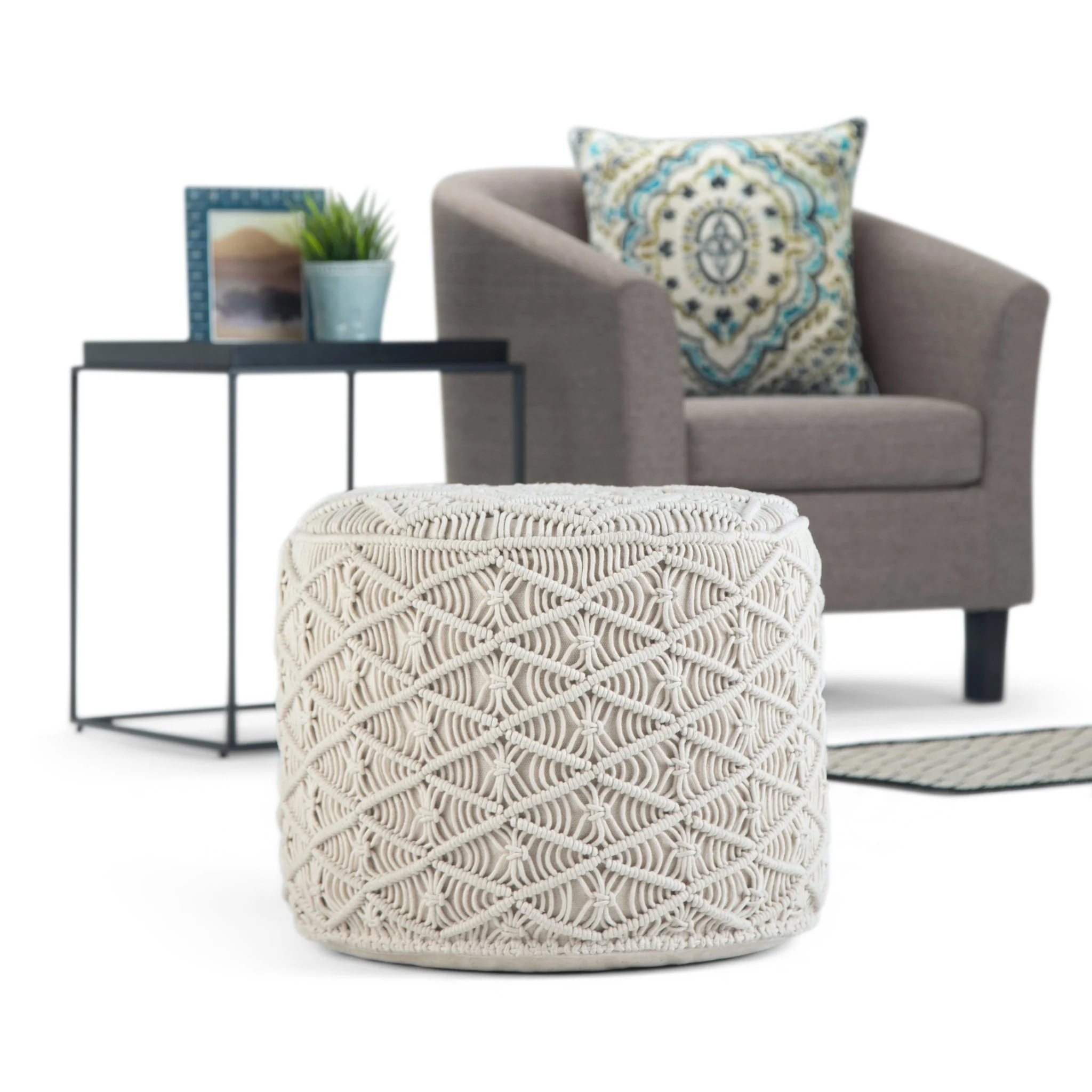 Round Pouf with Macramé Woven Natural Pattern