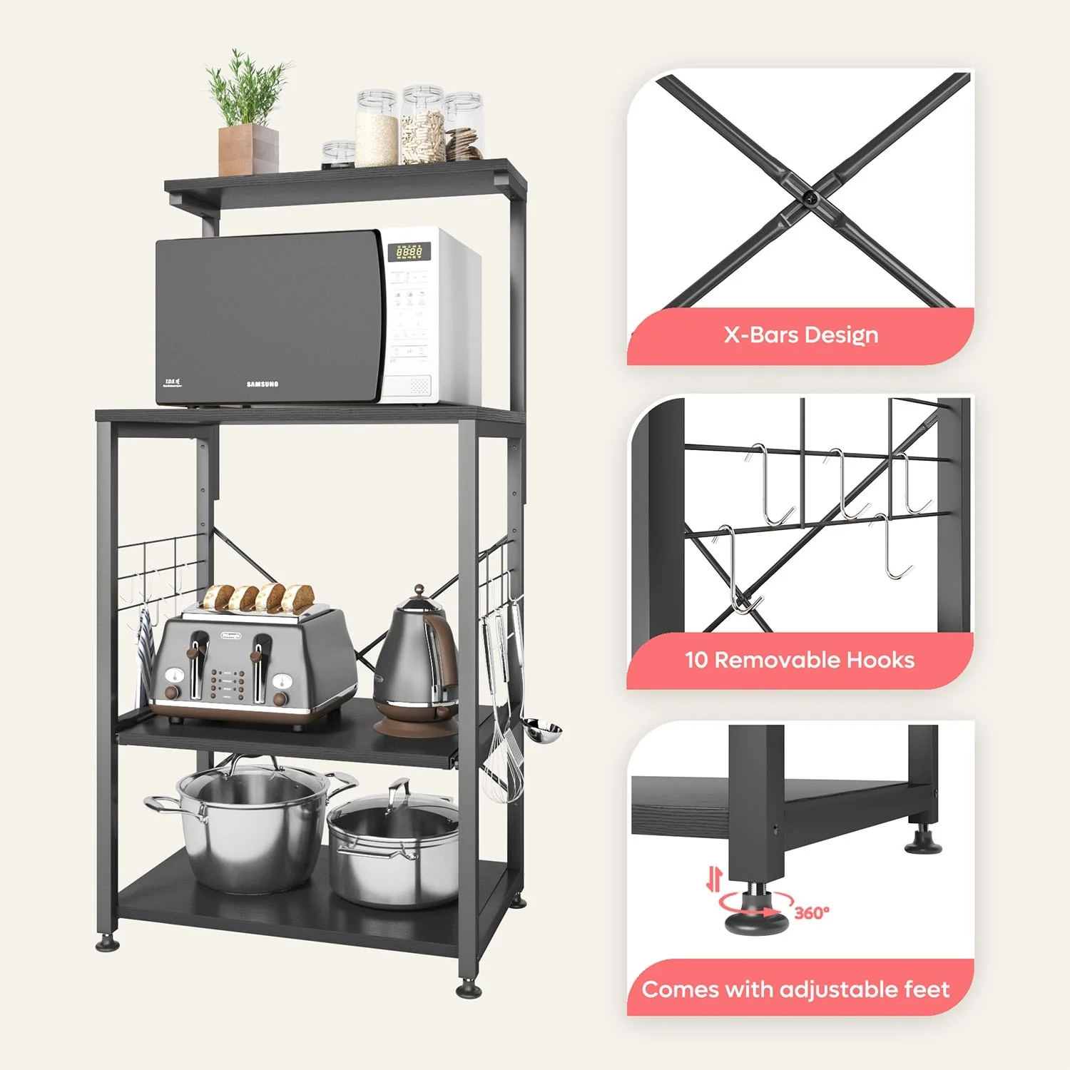 Kitchen Bakers Rack with Storage Shelves &USB Outlets, Microwave Oven Stand Kitchen Shelf Organizer