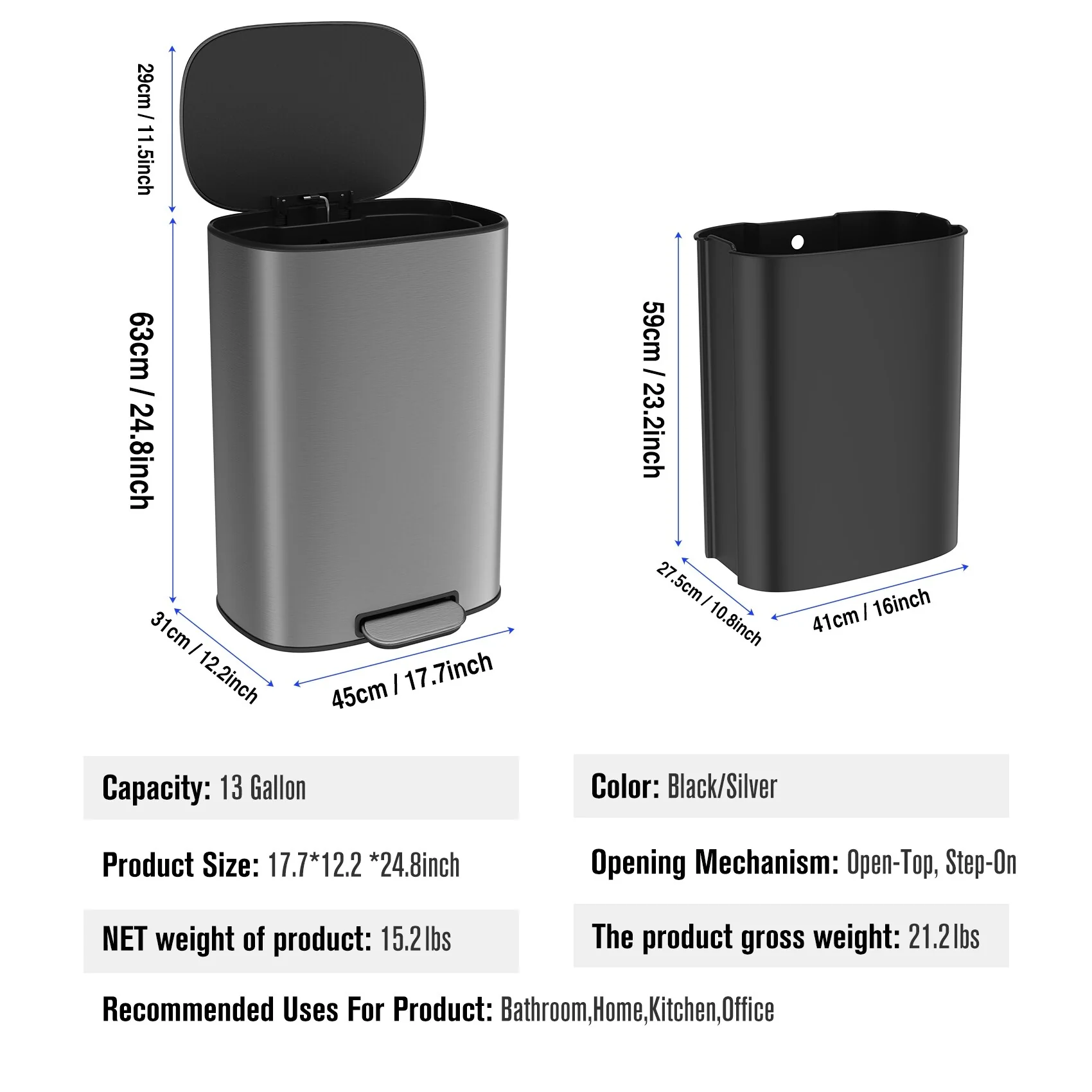 Stainless Steel 13-Gallon Kitchen Trash Can with Foot Pedal and Soft Close Lid