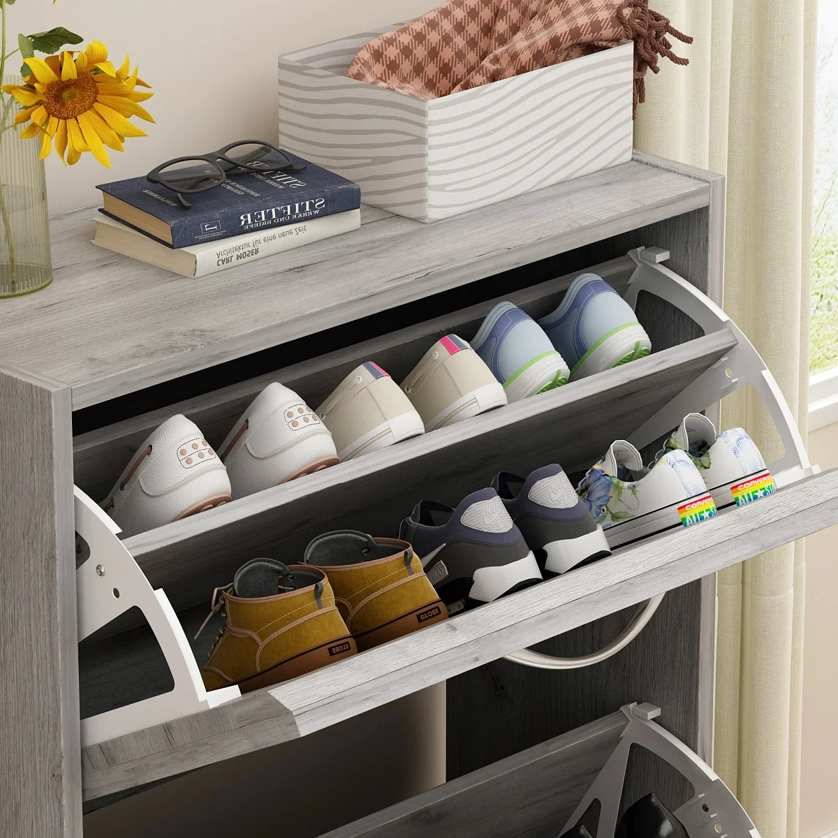 FUFU&GAGA Freestanding 3 Flip Drawers Shoe Cabinet Storage Organizer