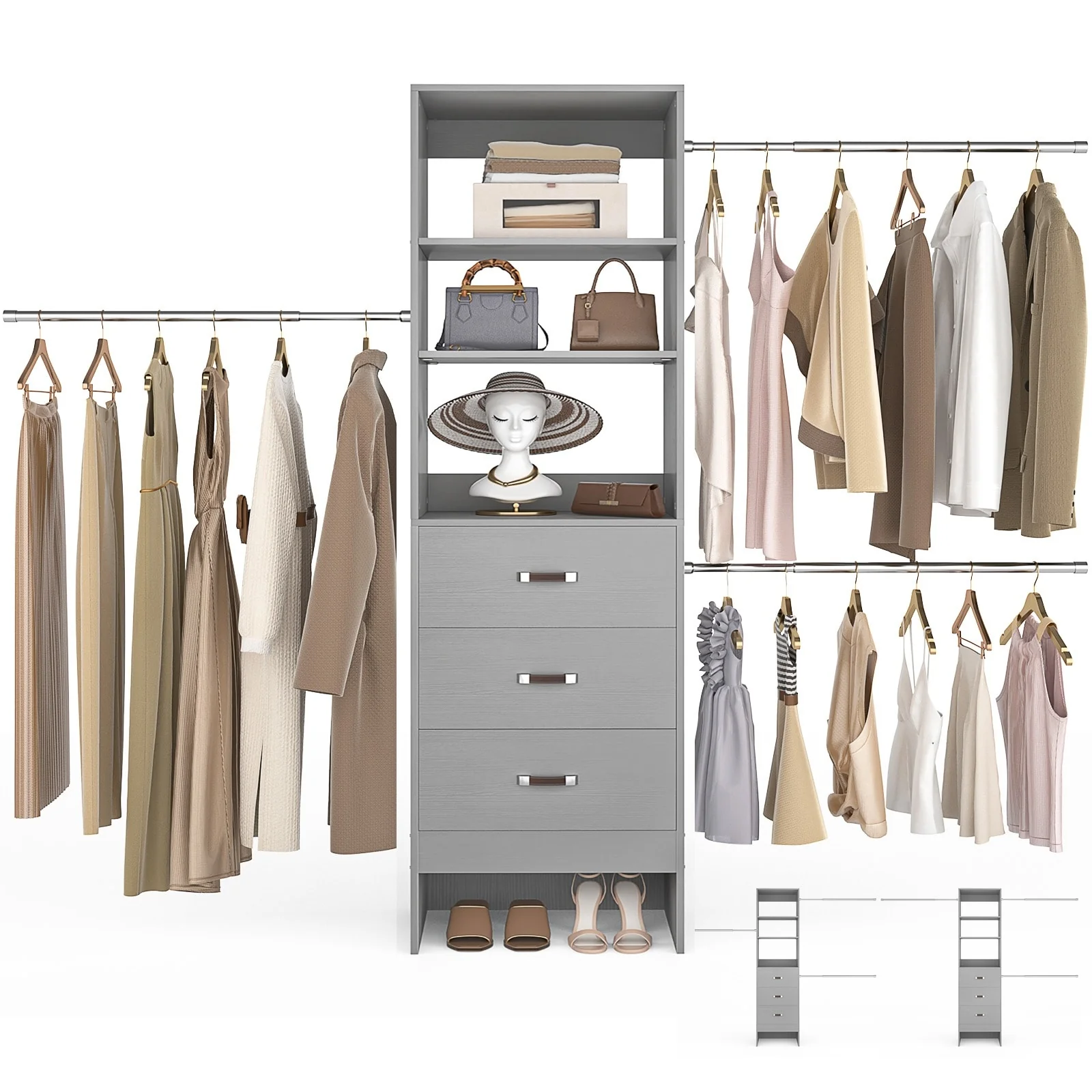 20.5-96'' W Closet Organizer System with Extendable Hanging Rods and Drawers and Tower Shelves