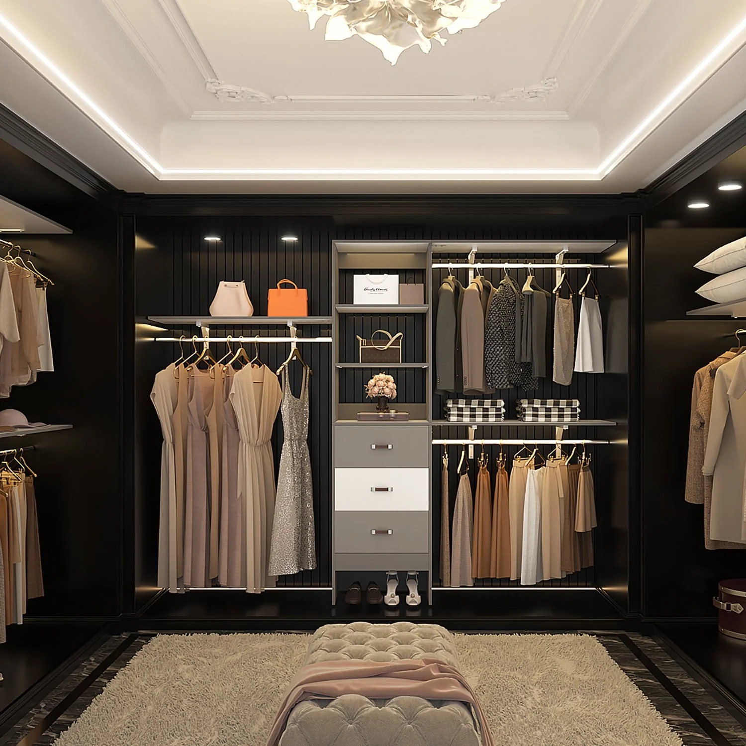 Rackcog 120'' Closet Organizer with Drawers, Closet System with DIY Shelves for Reach-in and Walk-in Closet