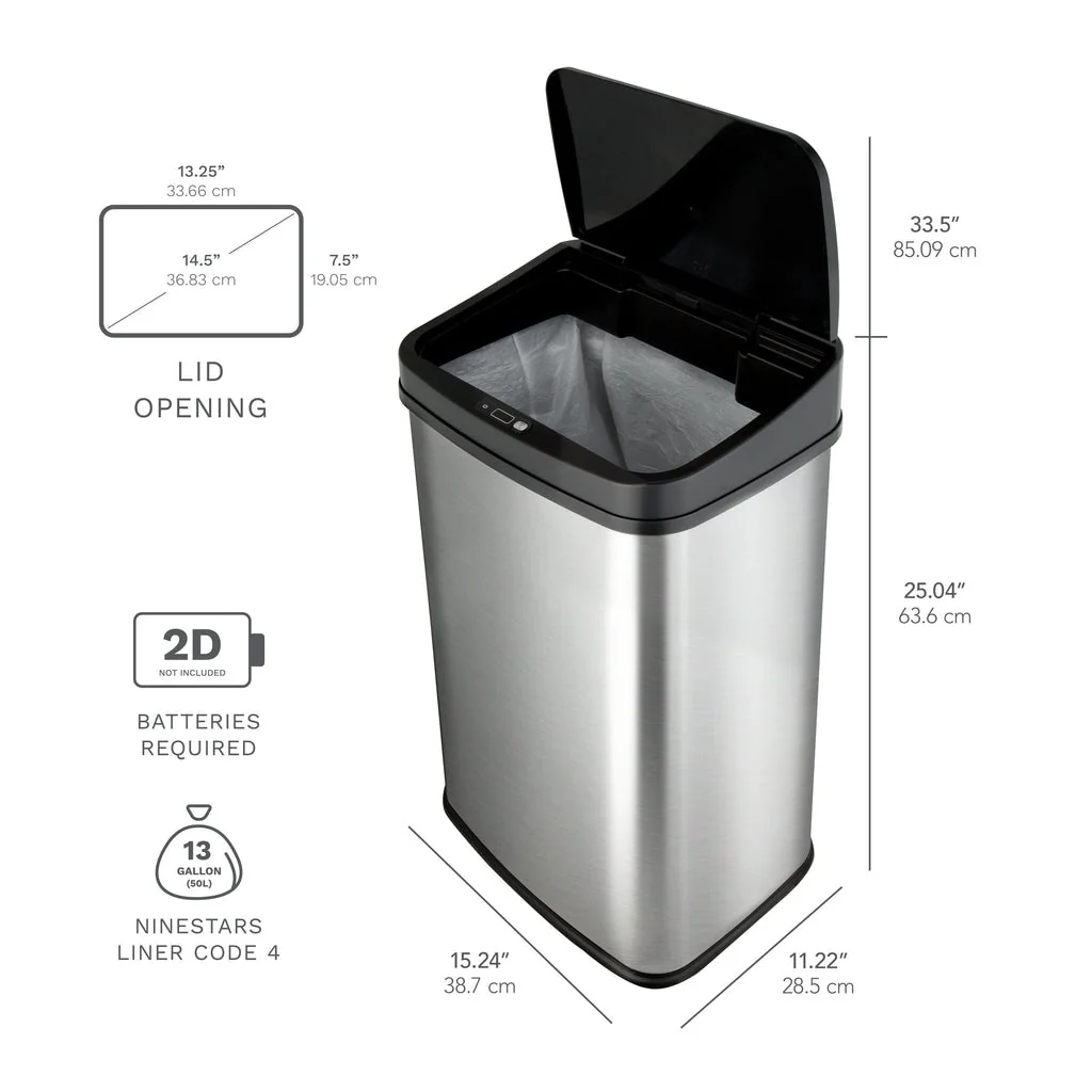 NINESTARS Rectangular Motion Sensor Motion Sensor Trash Can 13.2 Gallon/50 Liter Stainless Steel DZT-50-28