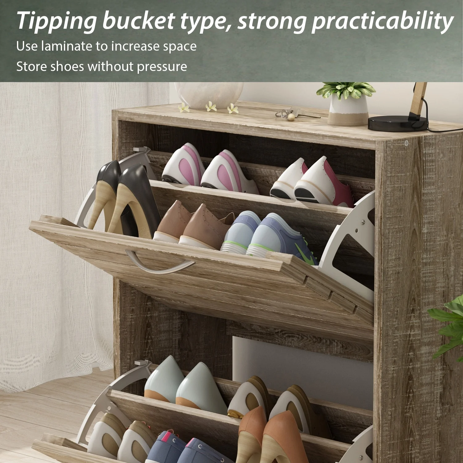 Shoe Storage Cabinet Two Drawer Space Saving Grey/Oak/White Dresser