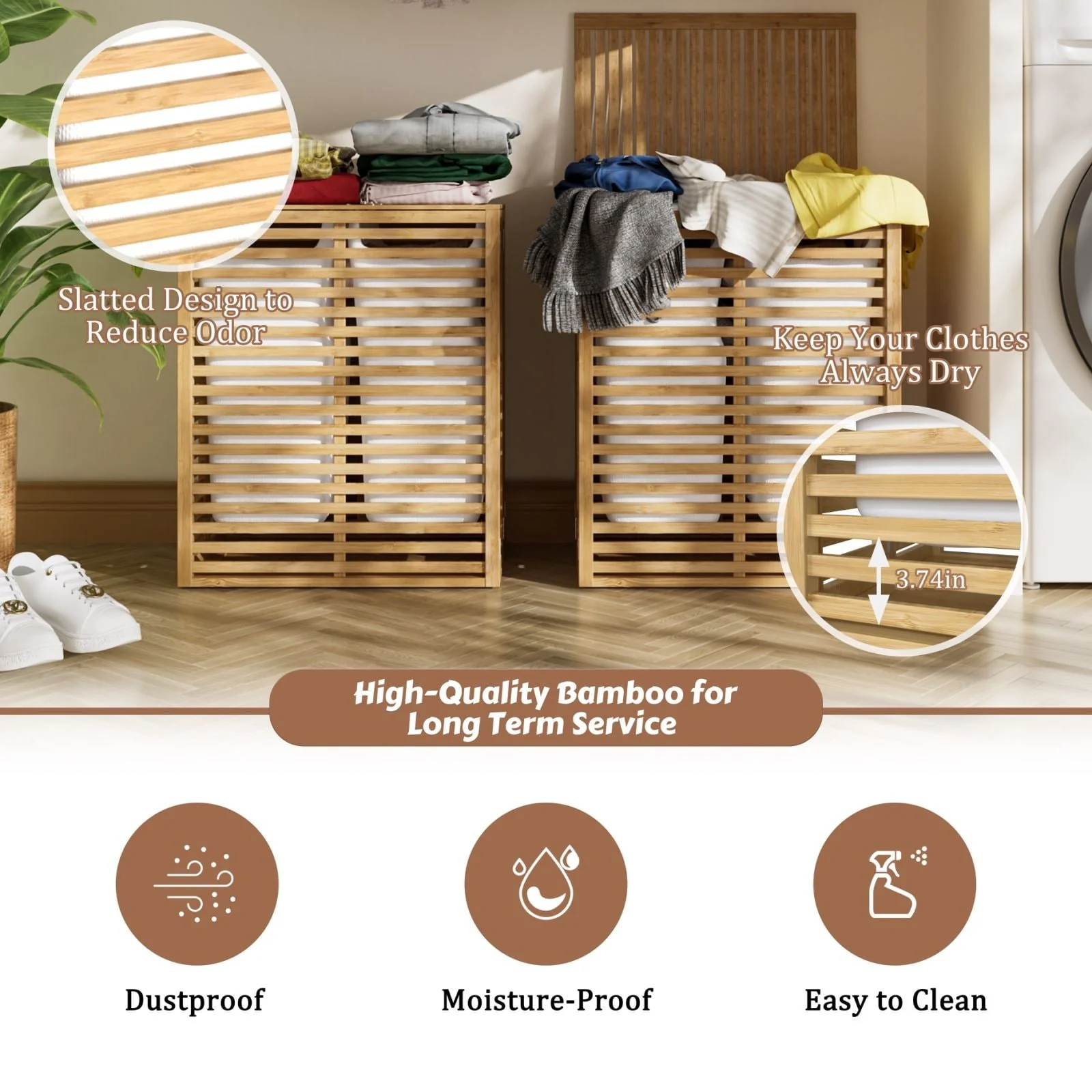 VEIKOUS 2-Section Bamboo Hamper Laundry Basket with Lid and Removable Liner Bags for Clothes - 22''W × 25.3''H × 14''D