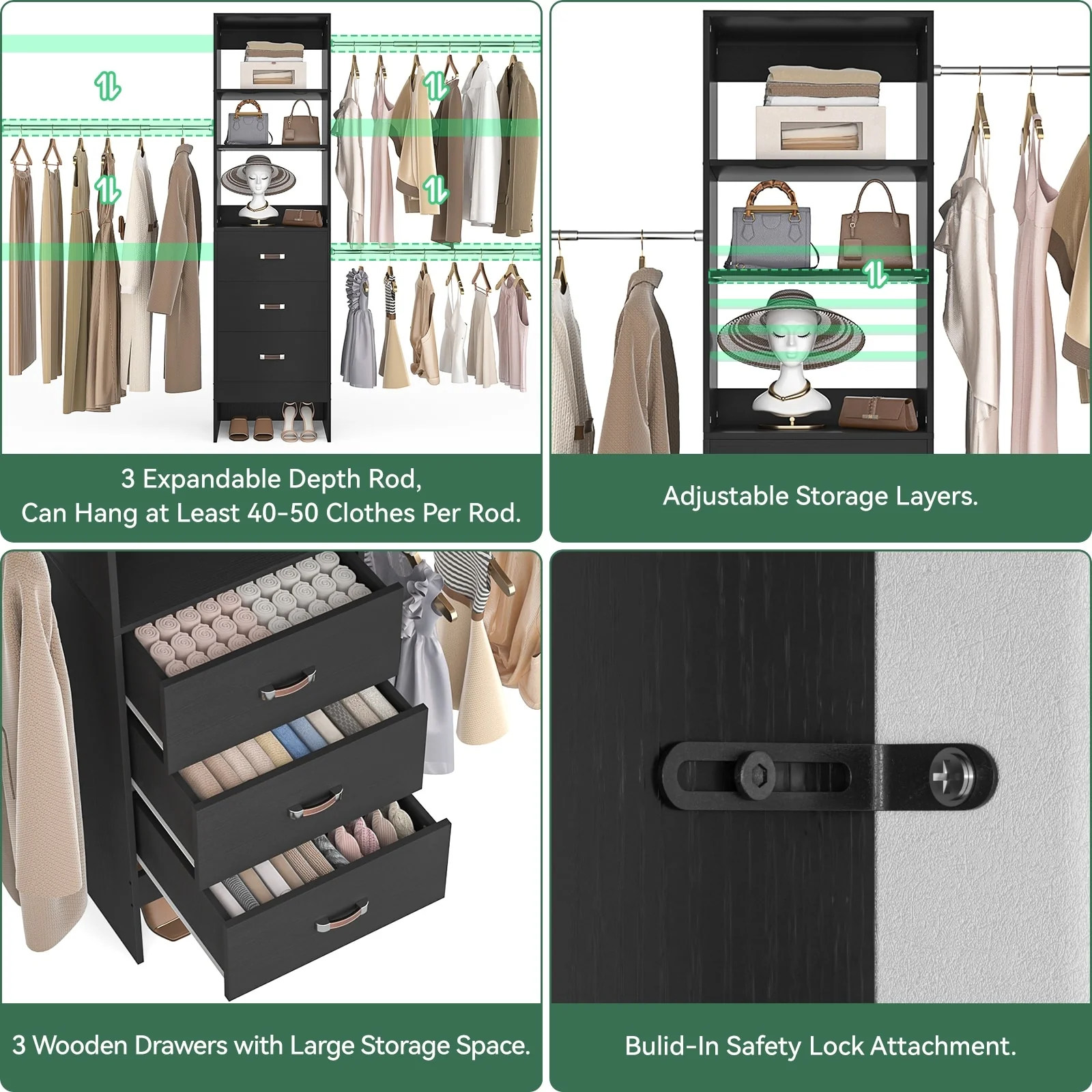 20.5-96'' W Closet Organizer System with Extendable Hanging Rods and Drawers and Tower Shelves