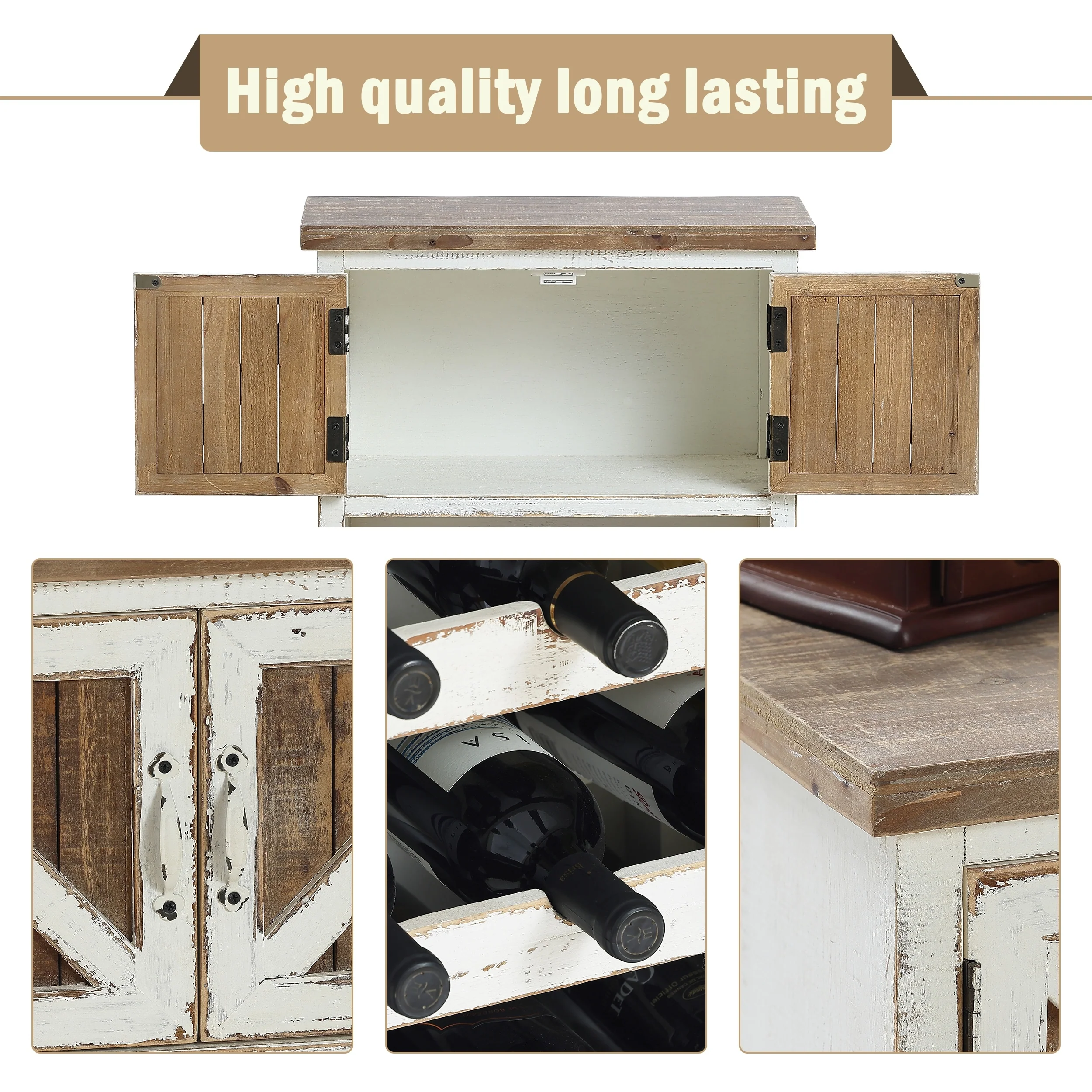 White and Natural Wood 2-Door Wine Cabinet - 30.9