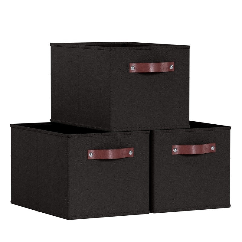 3 Pack Collapsible Shelf Basket Rectangle Storage Bins with Faux Leather Handles