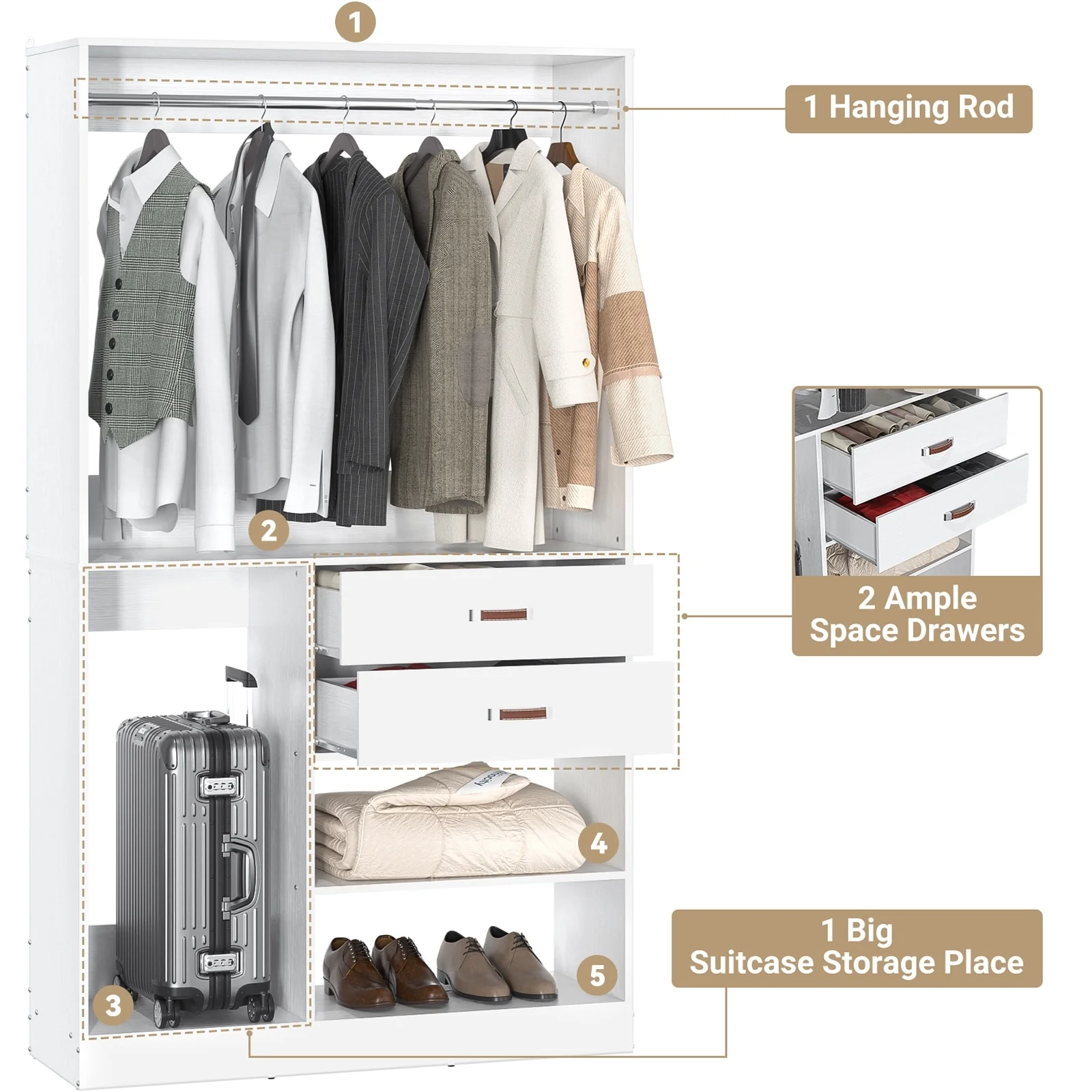 Vryon 40''W Freestanding Closet Organizer with Hanging Rod, Closet System Wardrobe with Wood Drawers