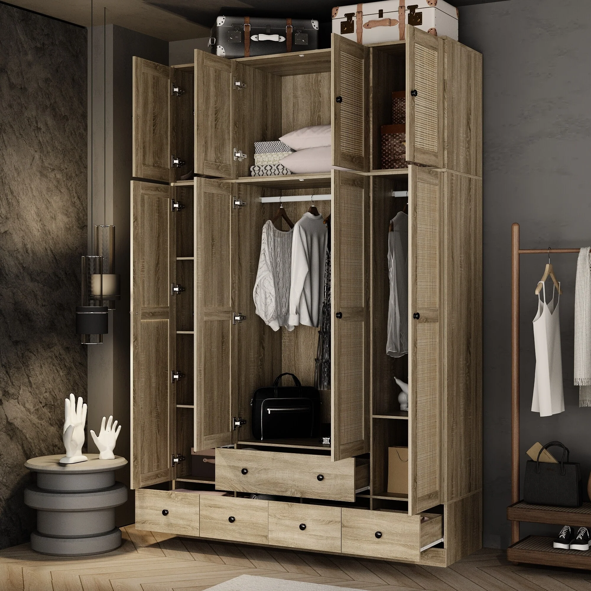 Large Storage Wardrobe Versatile Rattan Door Closet with Deep Drawers