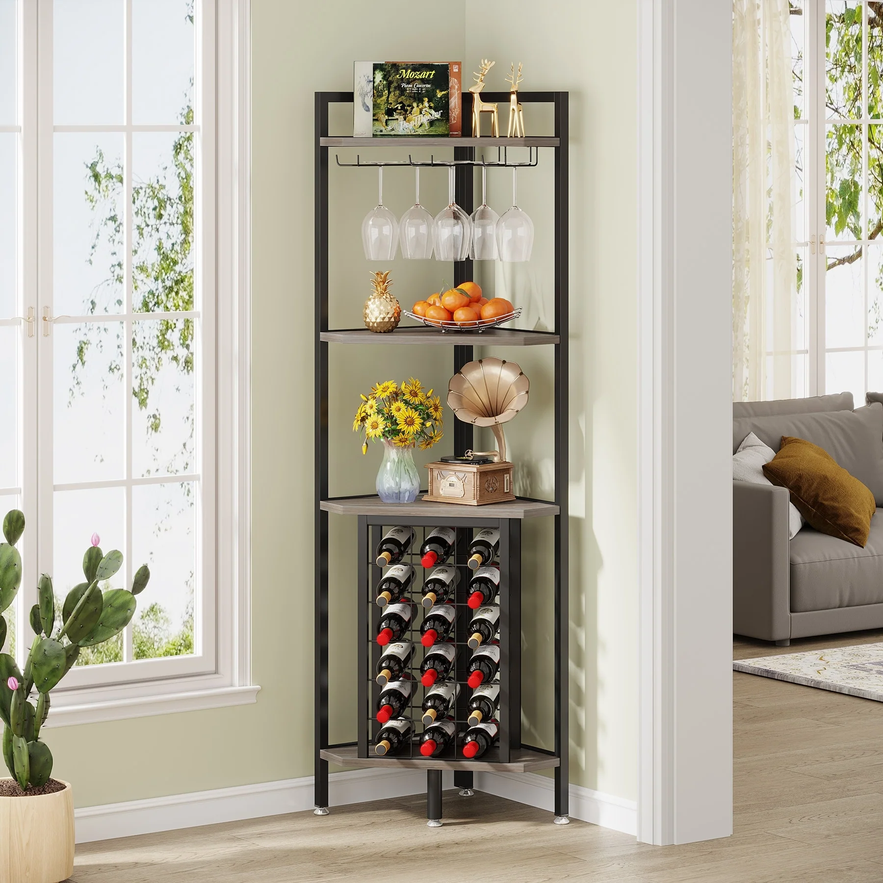 Industrial 4 Tier Corner Wine Rack with Glass Holder Corner Bar