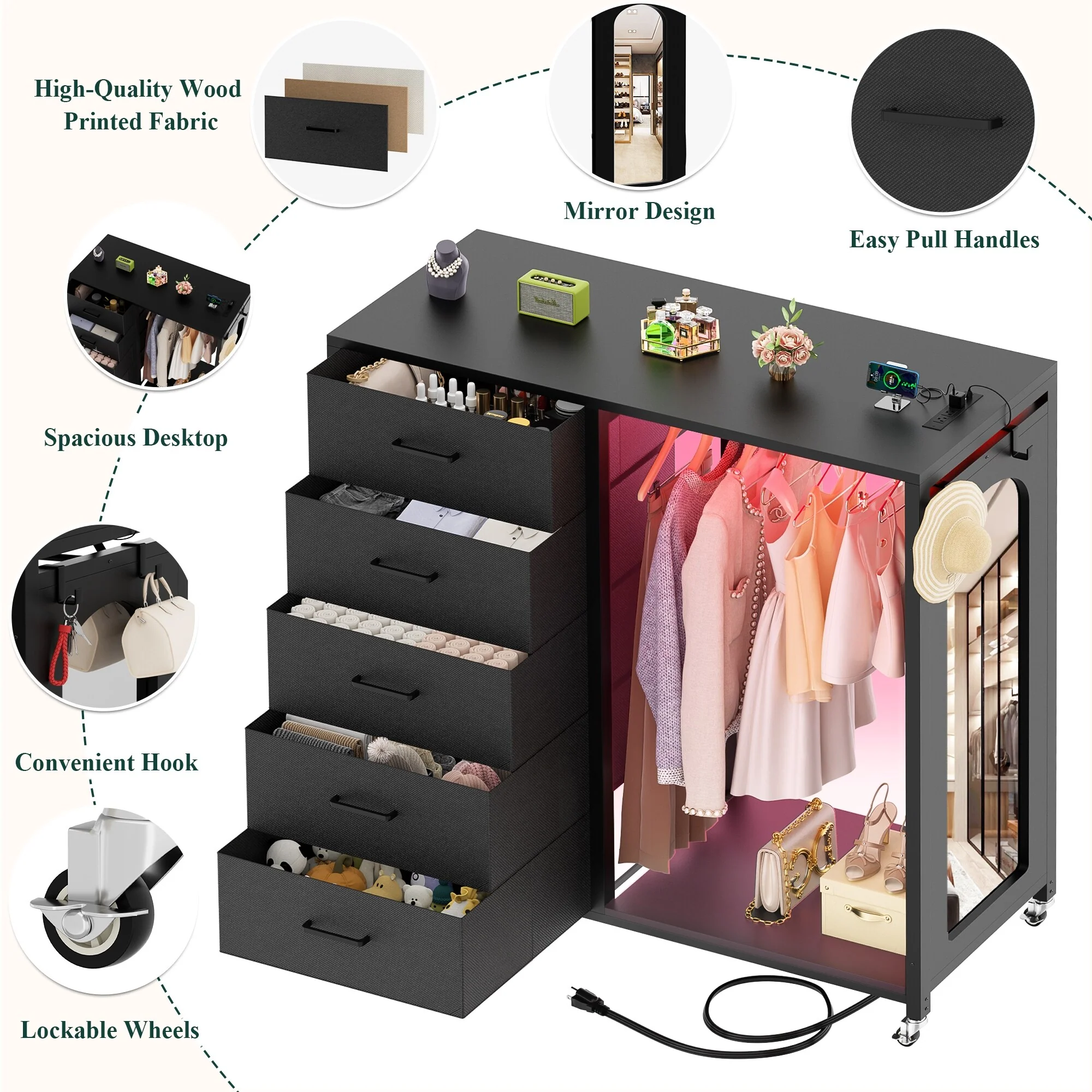Kid's Closet Organizer with Fabric Drawers and Mirror, Rolling Dresser and Chest with Charge Station