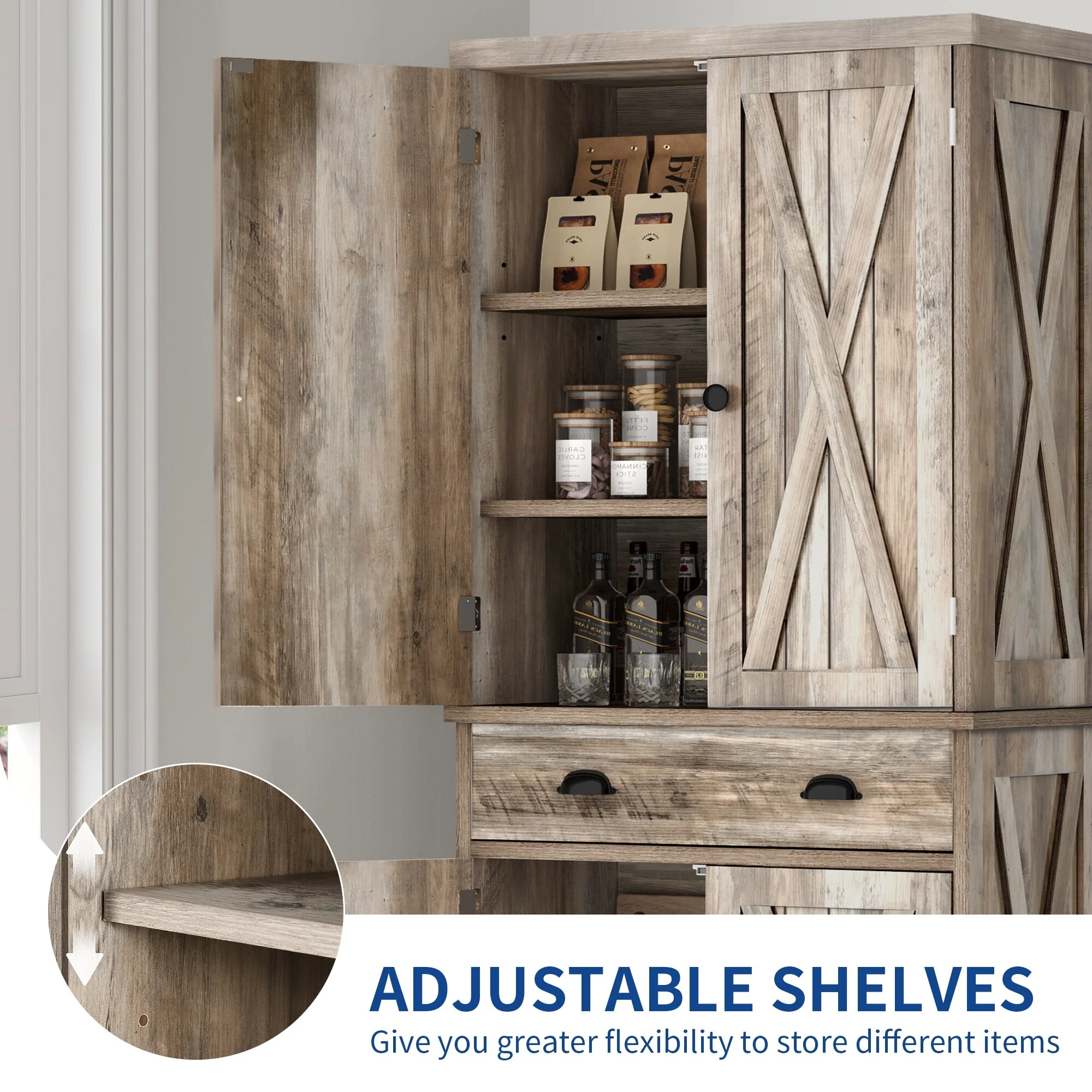 Moasis Farmhouse Traditional Freestanding Kitchen Pantry Storage Cabinet Cupboard