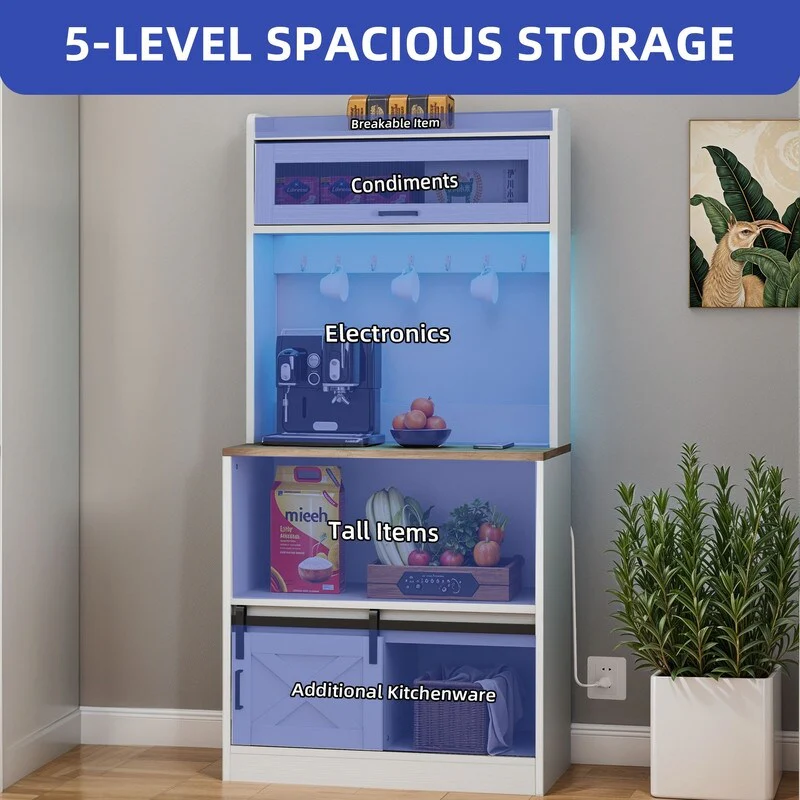 Moasis 5-Tier Bakers Rack with Hooks & LED Lights, Microwave Stand with Power Outlets