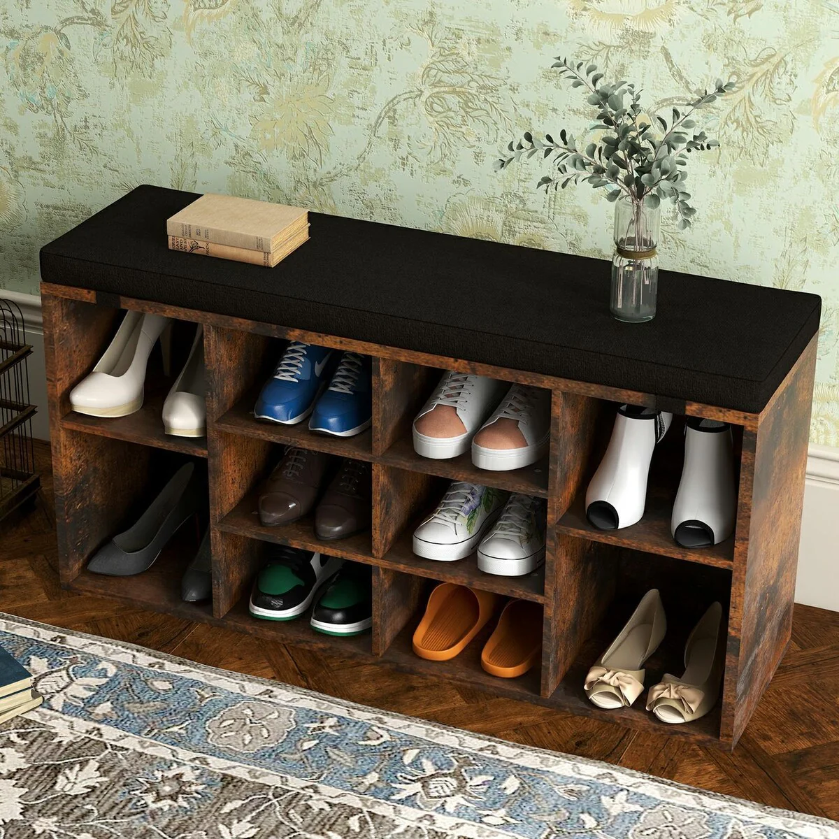 Entryway Shoe Bench with Storage, Padded Seat 40.9 inch